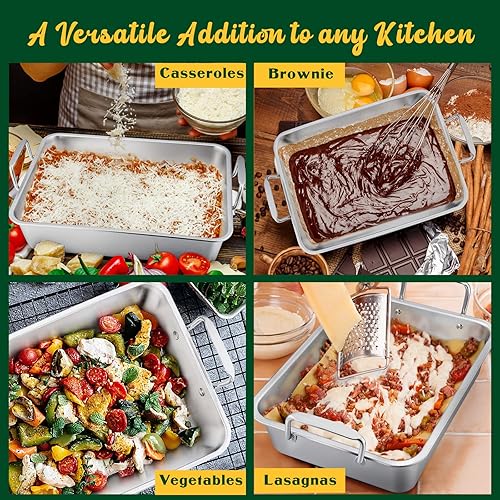 Miniatura 6 de E-far Asador de pavo de acero inoxidable de 16 x 11.5 pulgadas con estante plano y en forma de V, no tóxico y resistente, apto para lavavajillas,