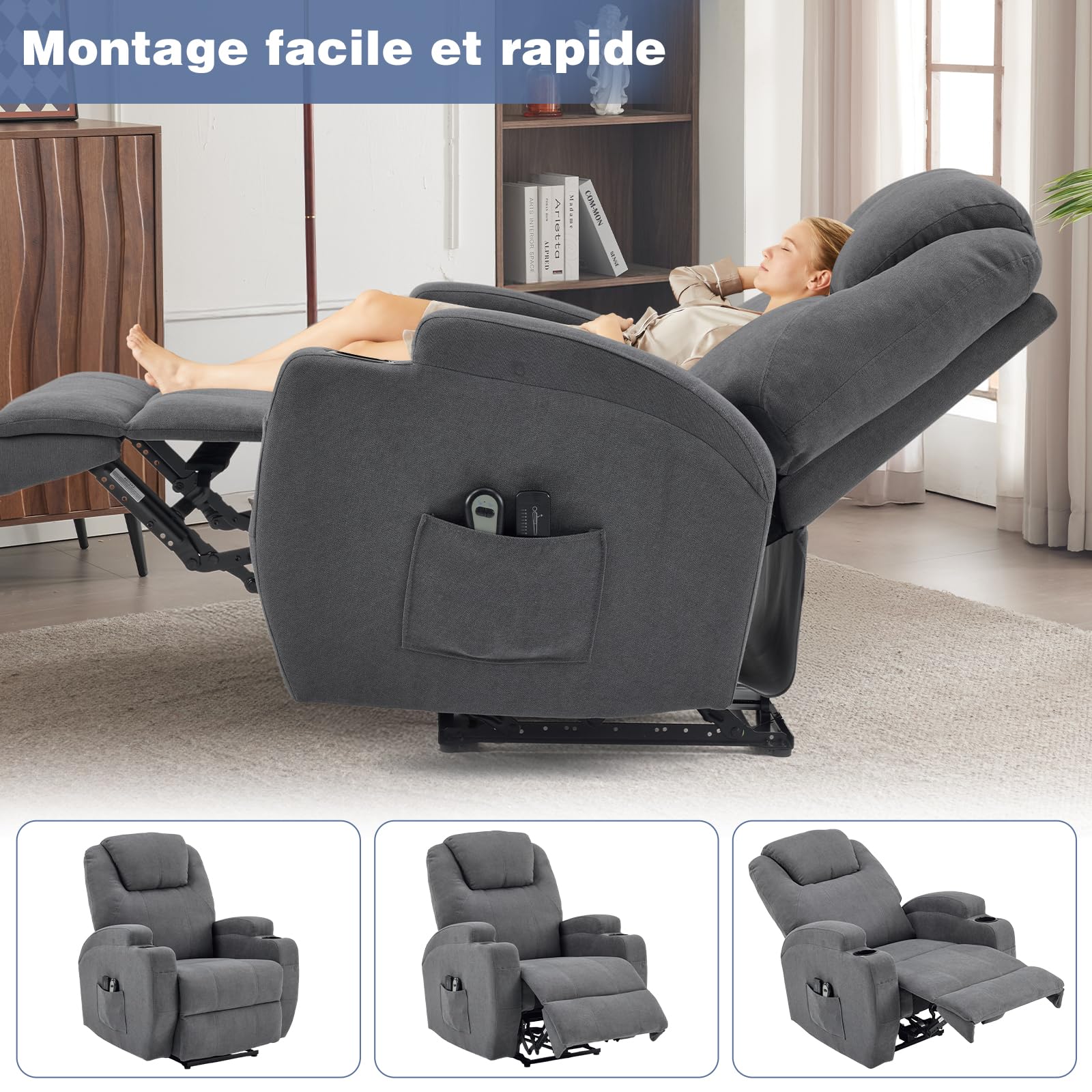 LEADZM Silla eléctrica, Silla de Relax eléctrica, Con función de masaje | de calefacción, control remoto de inclinación relajante con reposapiés, capacidad de carga, 160 kg, gris oscuro