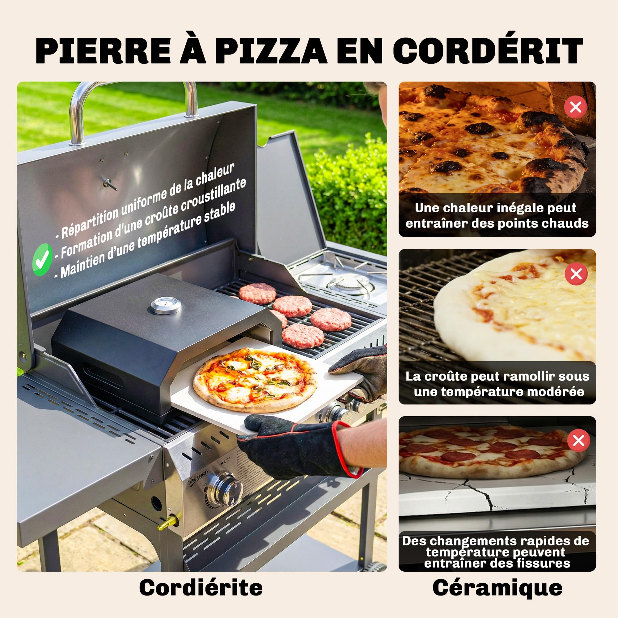 Outsunny Four à Pizza pour Barbecue Extérieur avec Pierre en Cordiérite et Thermomètre, 53 x 40 x 18,5 cm, Noir