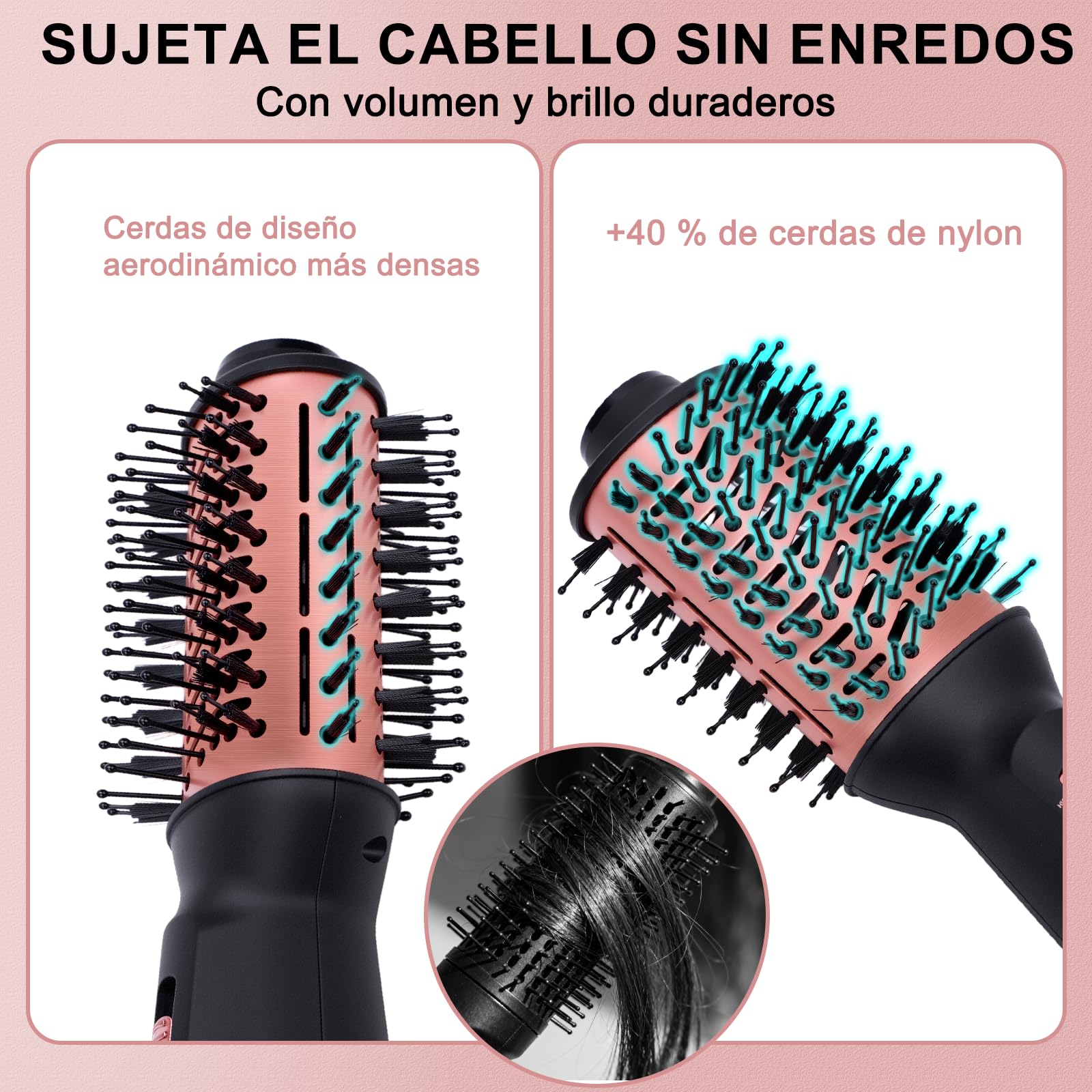 Cepillo Secador de Aire Caliente Viaje, 3 Temperaturas Alisar/Rizar, 275g, Doble Voltaje 110-240V 700W, Incluye Bolsa Almacenamiento y Guantes Anticalor