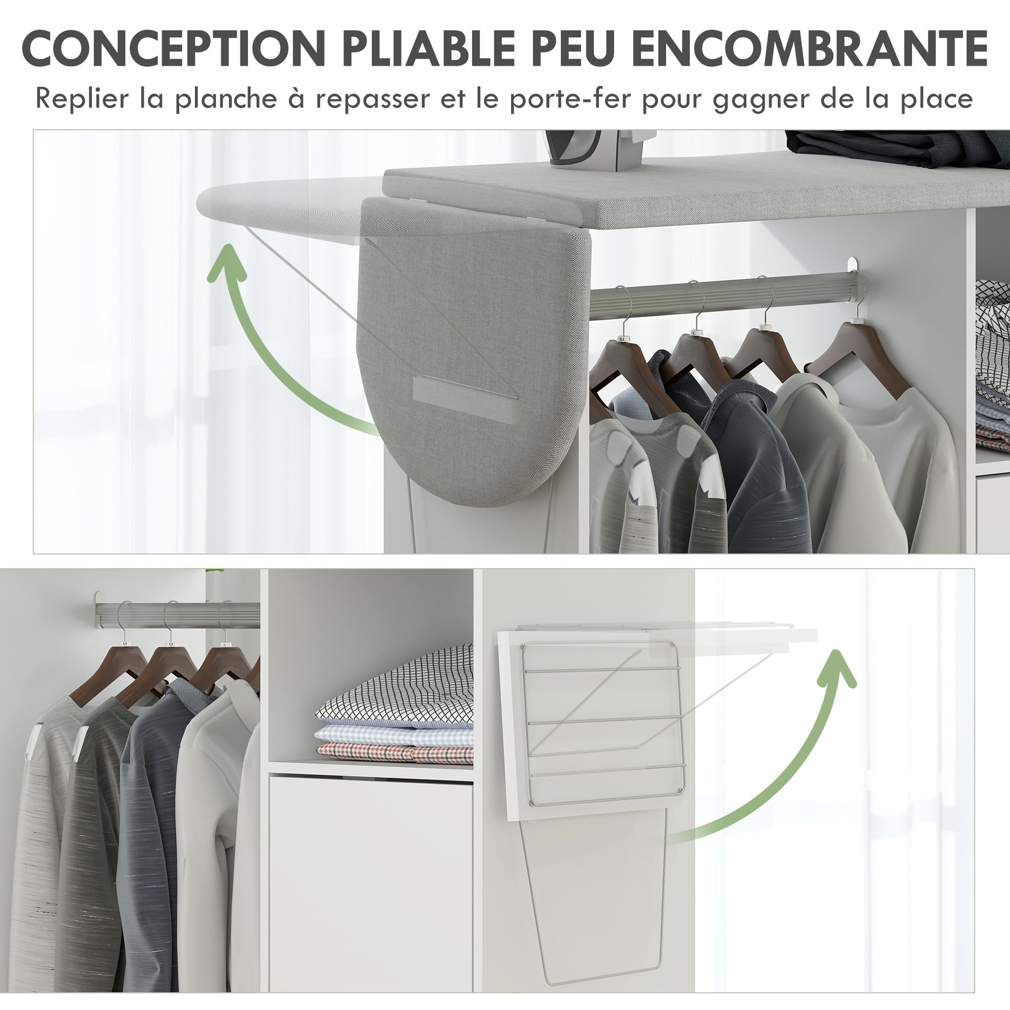 HOMCOM Meuble à Repasser sur roulettes 127 x 42,5 x 99 cm Blanc | Table à Repasser Pliante, Placard à Porte, Étagère Réglable, Barre de Suspension, Compartiment Ouvert et Support Latéral