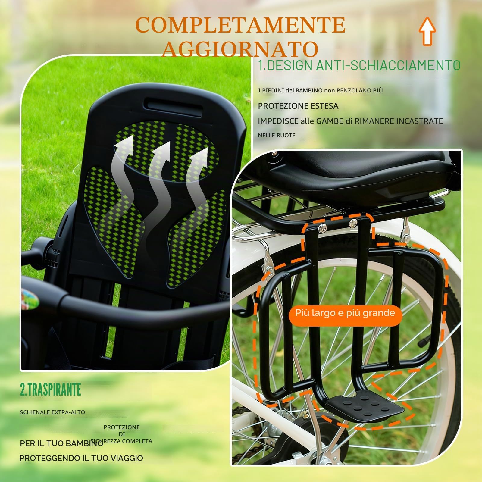 auvstar Seggiolino Bici Posteriore,Seggiolino Posteriore per Bici con Cintura di Sicurezza,Cuscino Seduta in PU con Sponda di Protezione Schienale e Poggiapiedi,Adatto per Sedersi o Sdraiarsi Nero