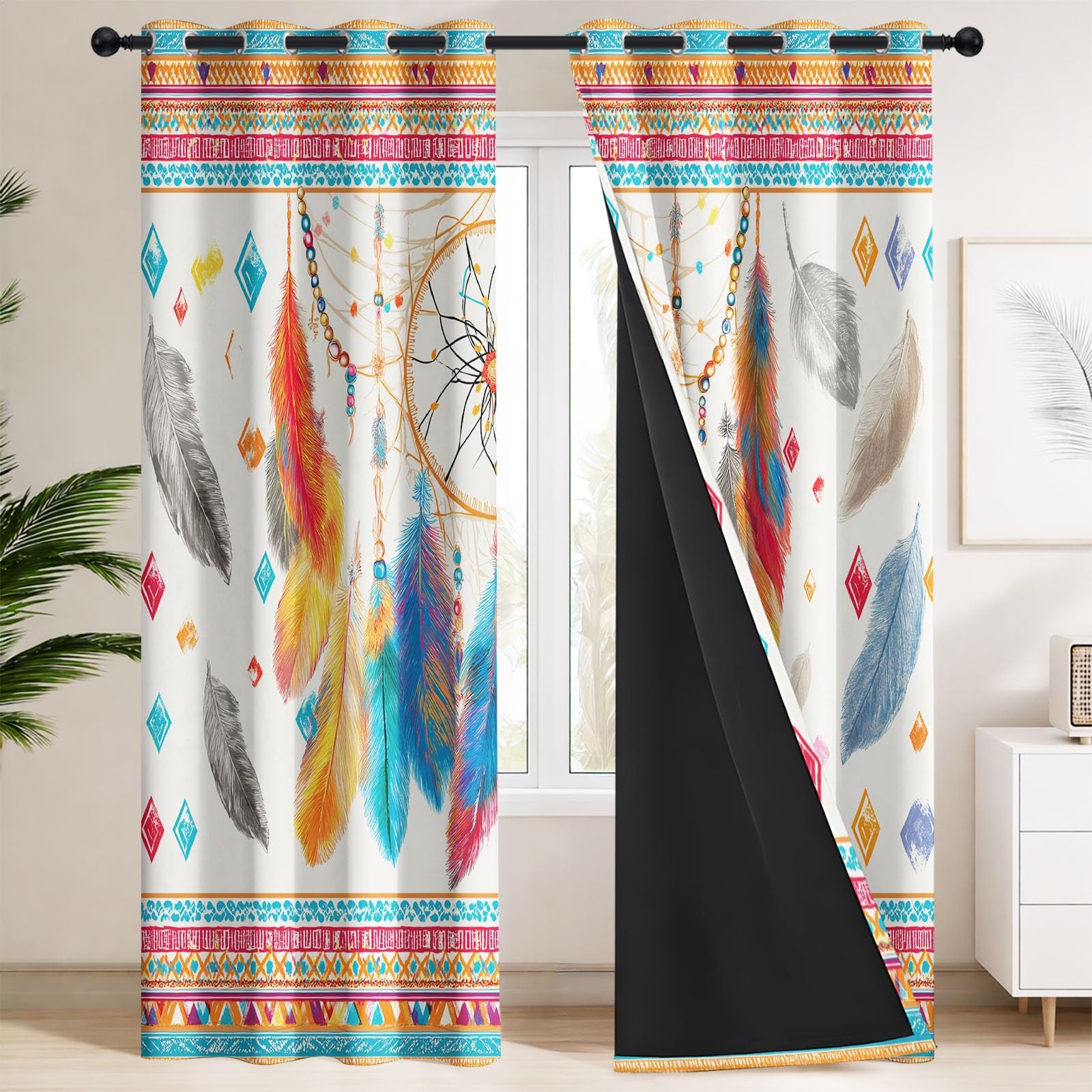 Generisch Boho Verträumt Vorhänge Traumfänger Feder Vorhang Blickdicht mit Ösen, Verdunkelungsvorhang Gardinen für Schlafzimmer Wohnzimmer Fenster Deko, 2er Set H160 x B140 cm