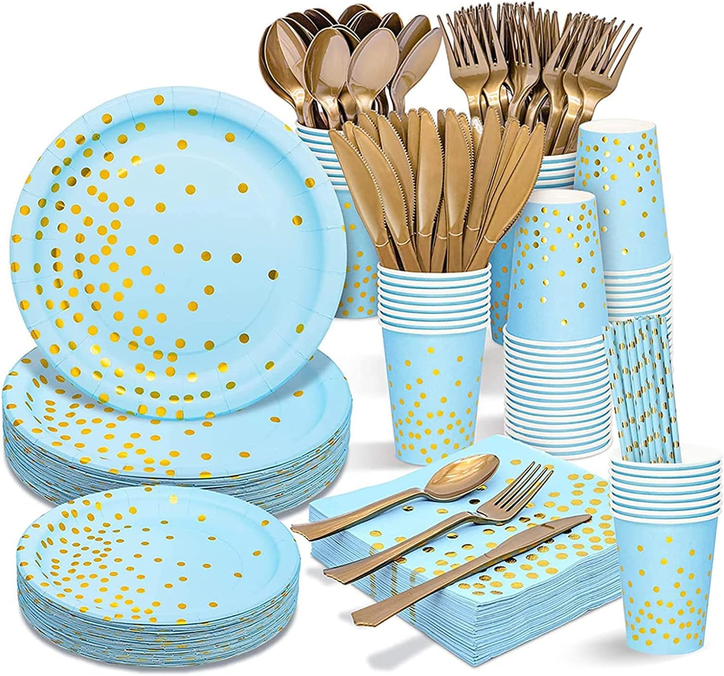 Arabest 200Pcs Birthday Party Supplies Golden Dots Party Dinnerware Disposable Party Plates Napkins and Cups Sets Serves 25 Guests for Wedding Birthday Party (Blue)