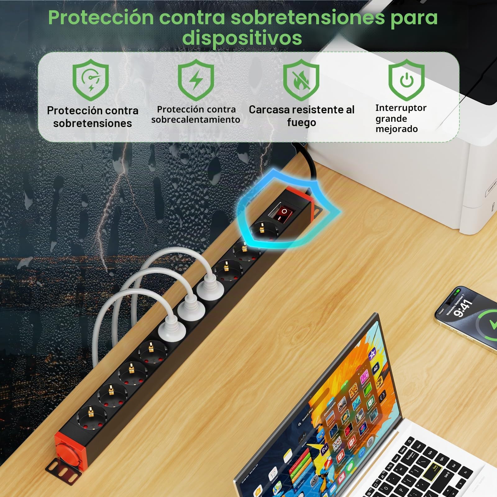 Regleta de 10 enchufes con protección contra sobretensiones, aluminio, enchufe múltiple de pared con interruptor, soporte giratorio de 360°, para oficina, industria, cable de extensión de 1,8 cables
