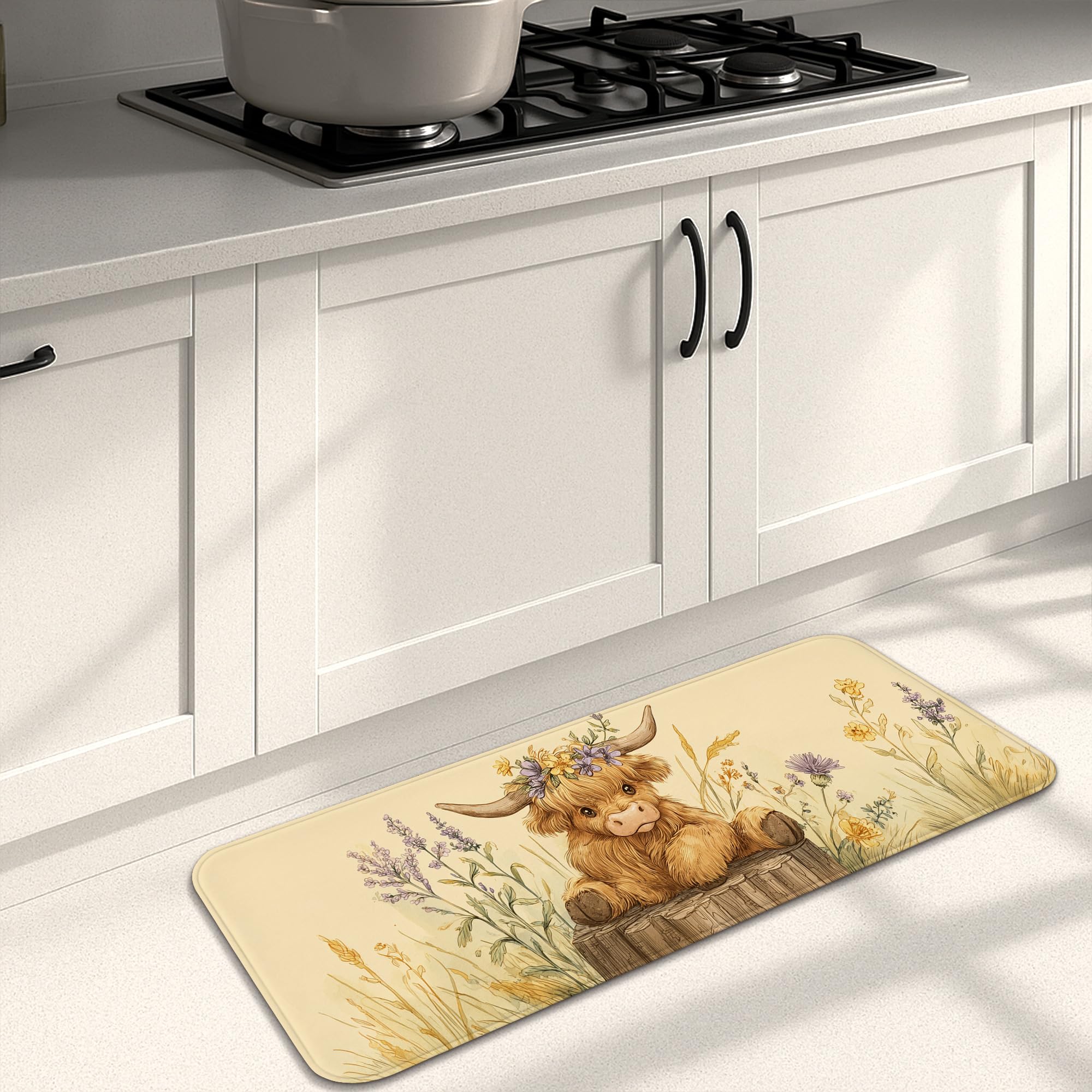 Highland Cow Kitchen Mats for Floor, Fanciful Animal Art Soft Mats, Cushioned Comfort Washable Non Slip Decor Rugs for Kitchen Sinks Laundryroom Bathroom 16x47 Inch