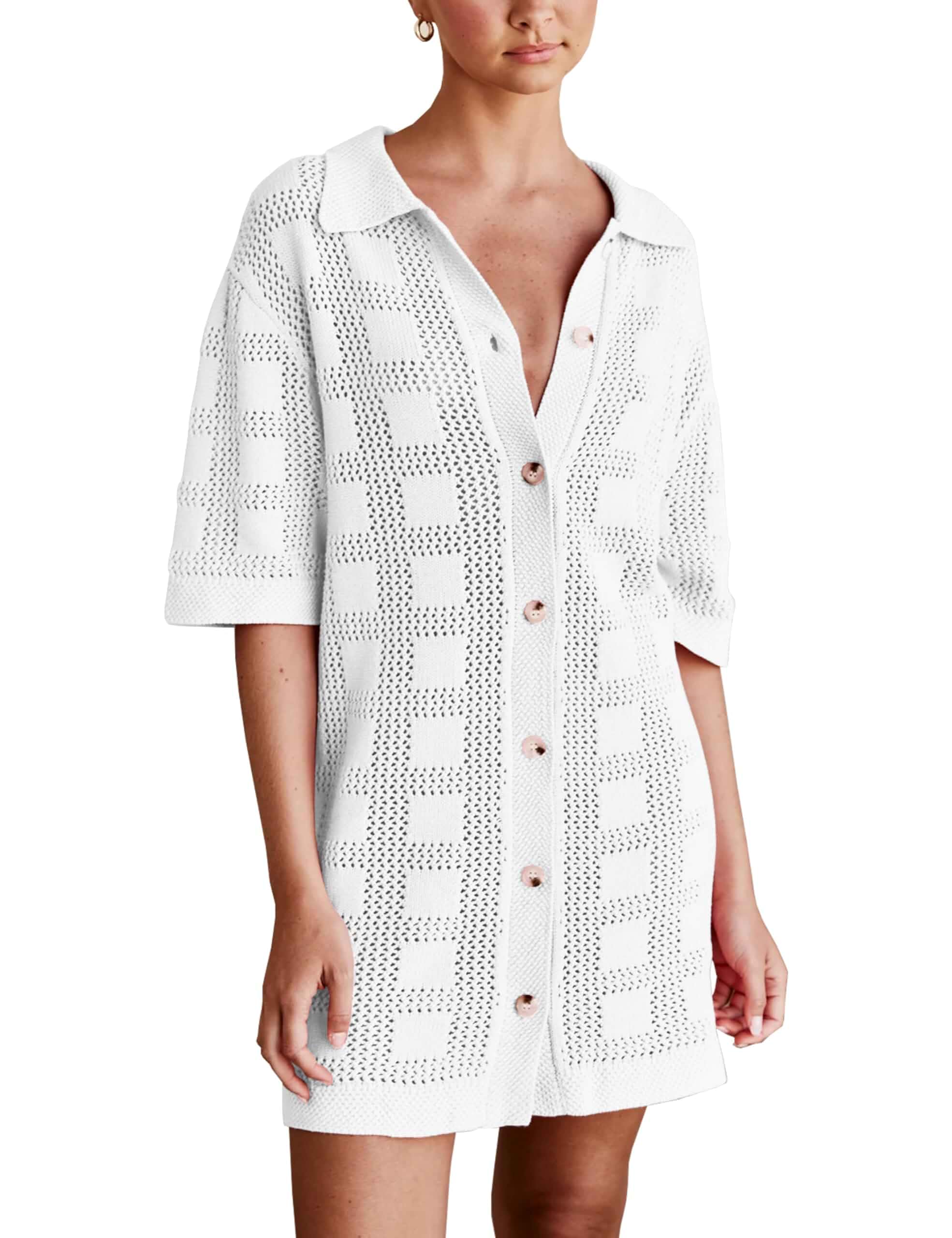 Lumister Summer Knit Shirt Dress for Women Crochet Button Front Shirt Dress Cover Up Bathing Suit Swimwear Knit Beach Dress Short Sleeve