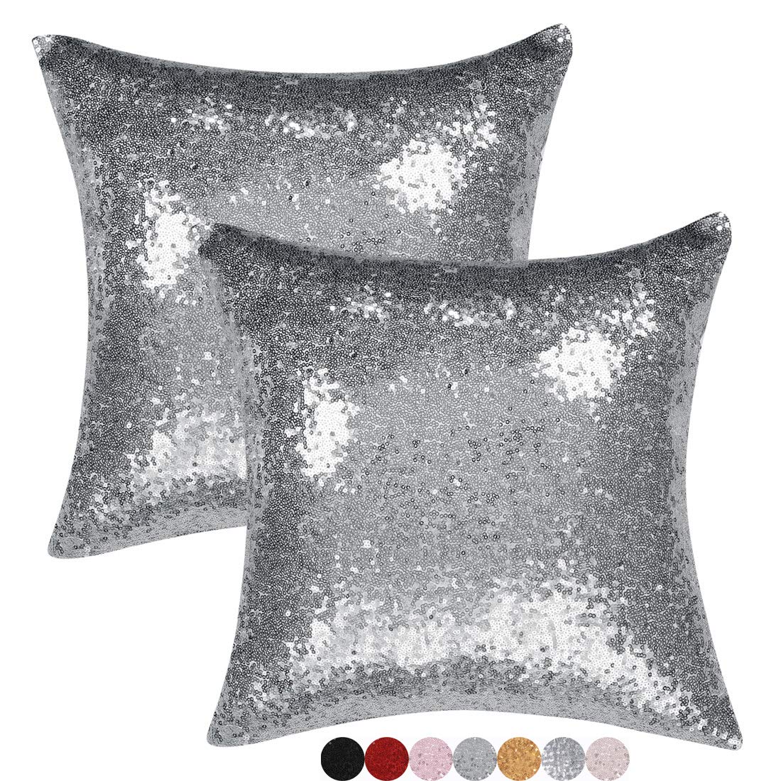 Sequins Decorative Luxurious Home Party Square Pillow Case Cushion Cover, 18"x18", Hidden Zipper Design (Silver Grey, 2)