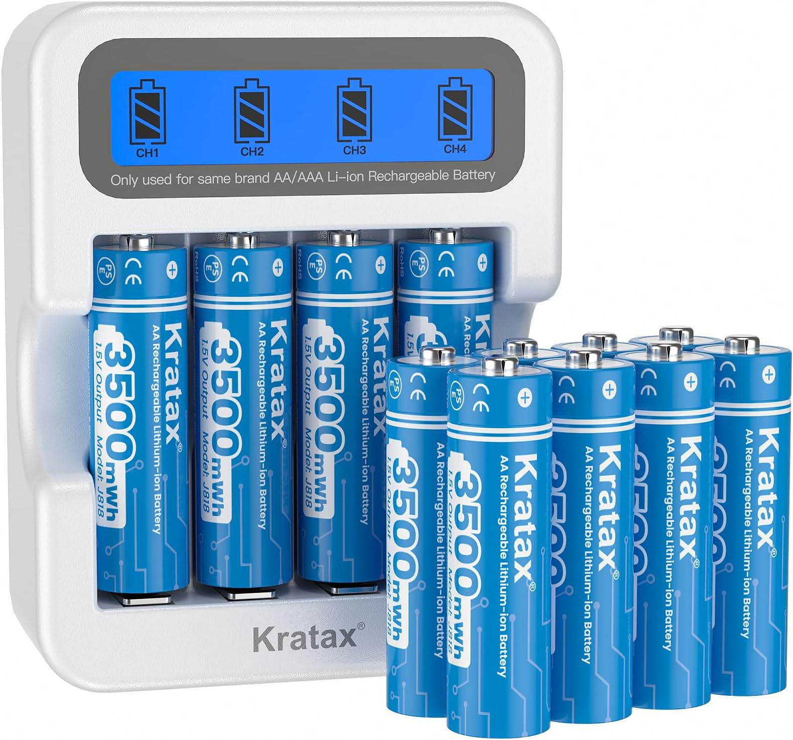 Kratax New Rechargeable Lithium AA Batteries 12 Count 1.5V Lithium ion Rechargeable AA Batteries with Low Battery Alert and 2H Smart Battery Charger, 3500mWh Long-Lasting for Household Office Devices