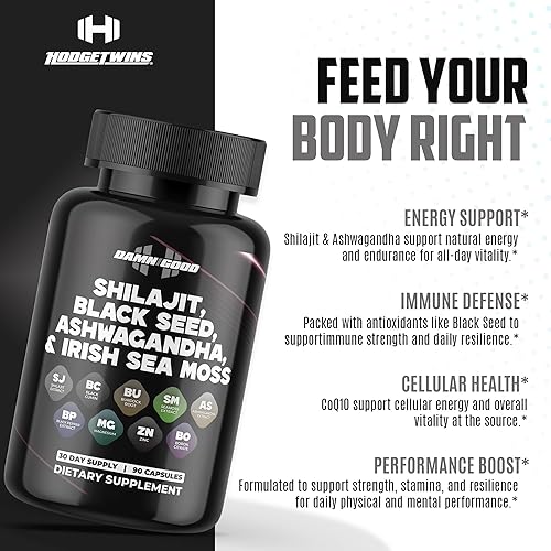 Vista 2 de DAMN GOOD Shilajit Cápsulas Power Stack - Semilla negra, Ashwagandha, Irish Seamoss - 90