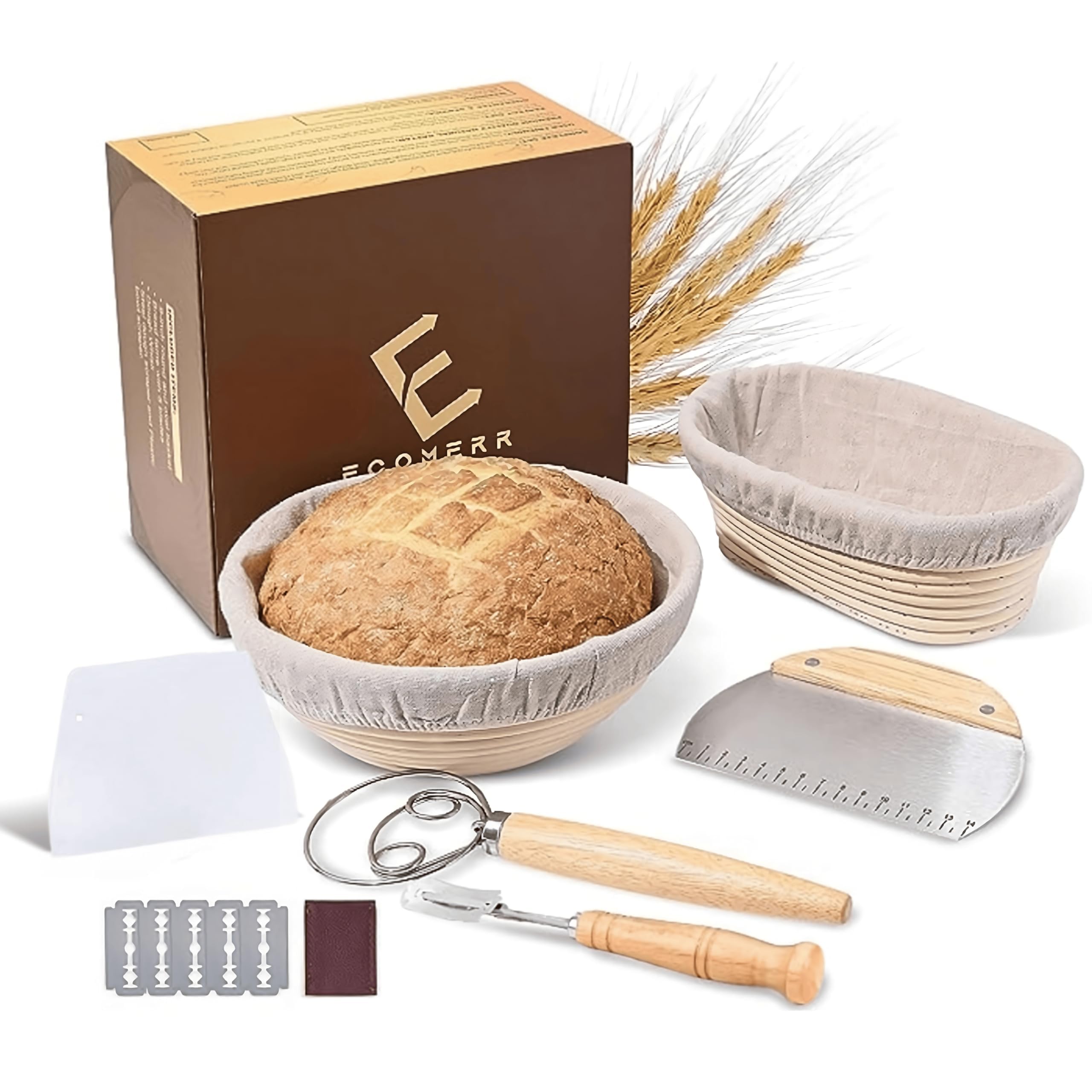 ECOMERR 10” Banneton Bread Proofing Basket - Set of 2 Round & Oval Rattan Proofing Baskets for Sourdough Bread Baking (Bread Basket 10")