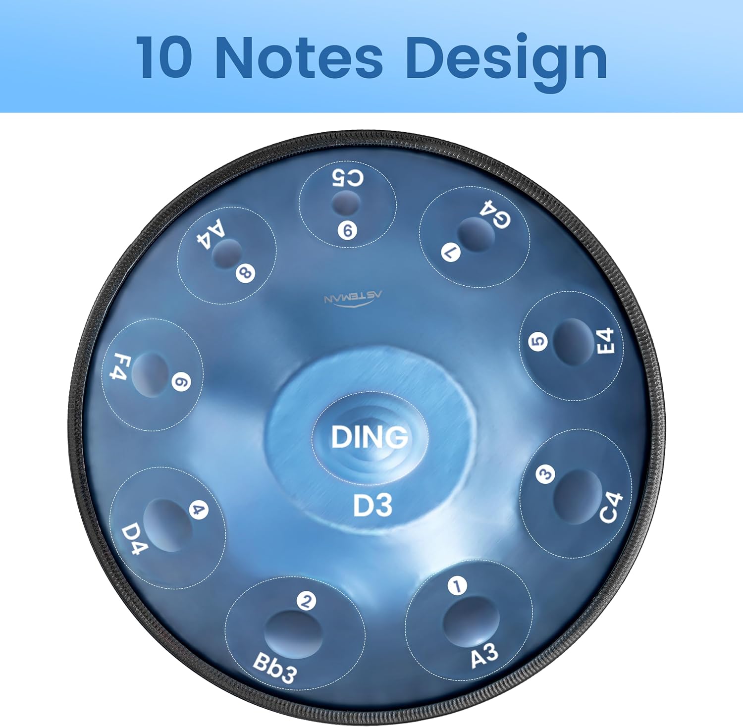 ASTEMAN Handpan in D Minor,432hz, 22 inches with 10 notes, comes with a backpack, courses, finger sleeves, stand, cleaning cloth, and two mallets.