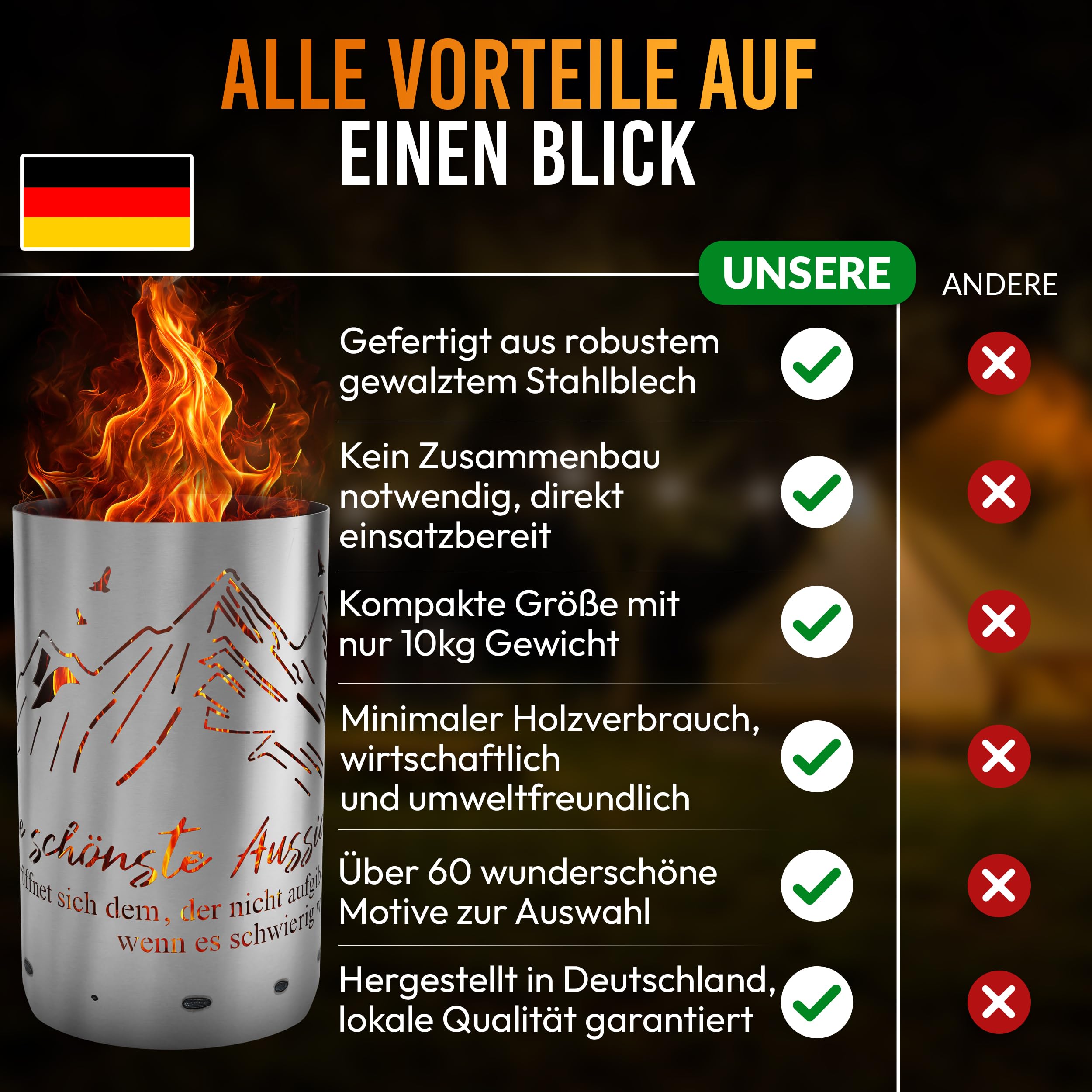 TiKo-Design® Feuertonne Feuerkorb mit Berge Motiv & Spruch