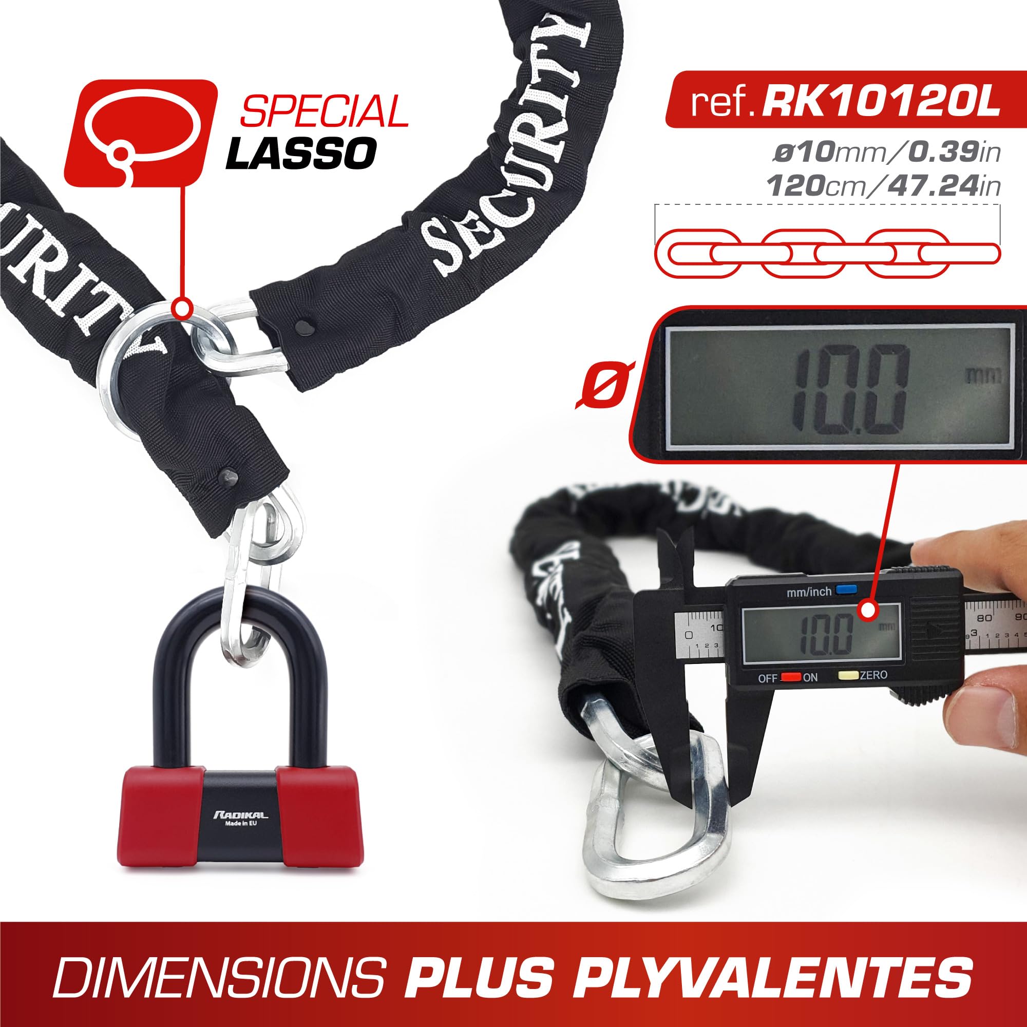 RADIKAL RK75+10.120L Chaine Système Boucle ø10 + Antivol Moto Disque Mini U Haute Sécurité Homologué Classe SRA, 120cm Plus Distance, Anti vol Multifonction pour Moto, Ancrage, Parking, Scooter, Velo