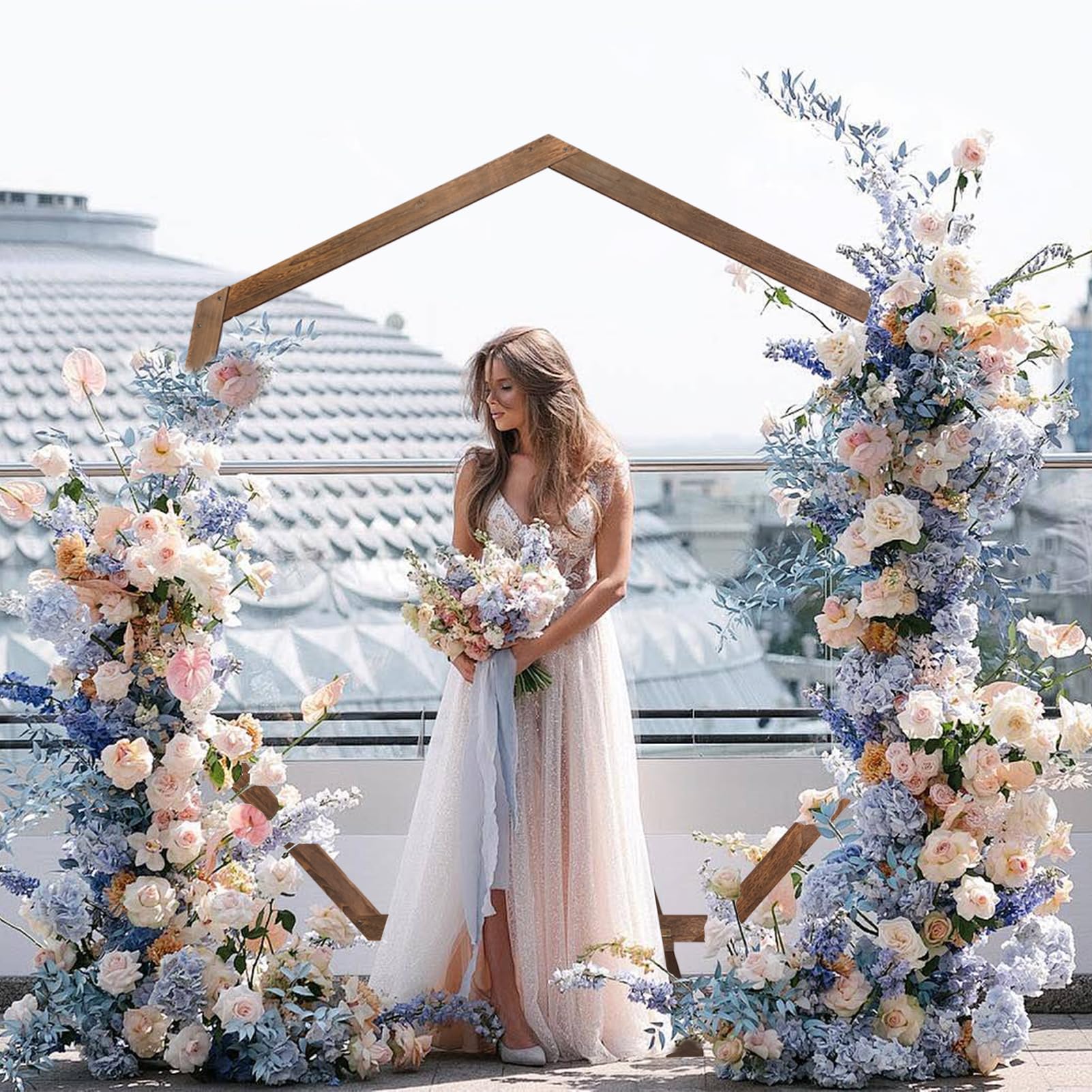 wooden wedding arch 7.2ft, heptagonal wedding arches for ceremony, wedding arch arbor for garden wedding wood backdrop stand for outside birthday party decor(drapes & flowers not included)