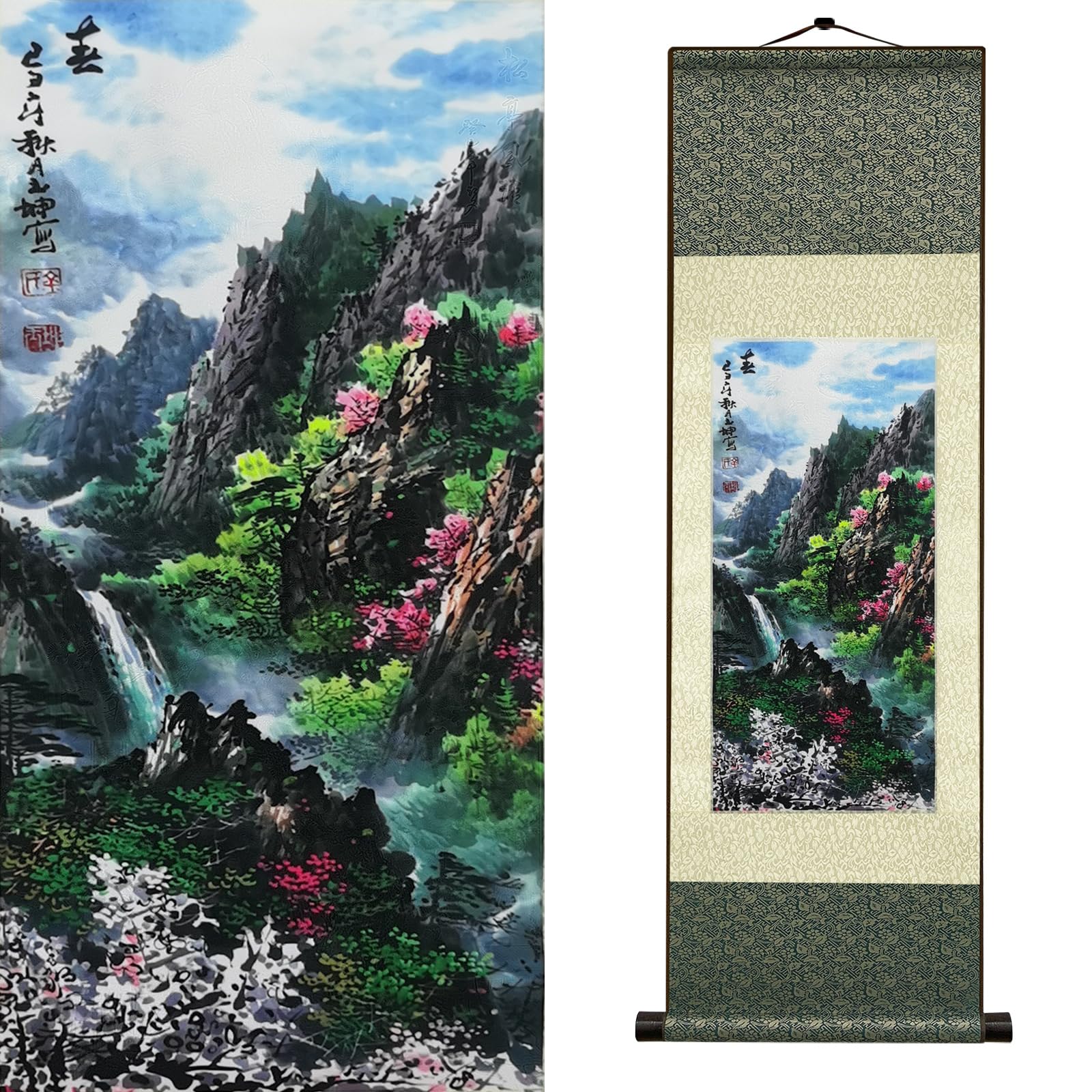 Newscz Hj-N005 Bedroom Wall Art Silk Scroll Wall Painting Four Seasons Landscape Wall Tapestry Living Room Asian Chinese Art Wall House Decoration For Living Room Home Lounge Decor 36 By 12 In(Spring)