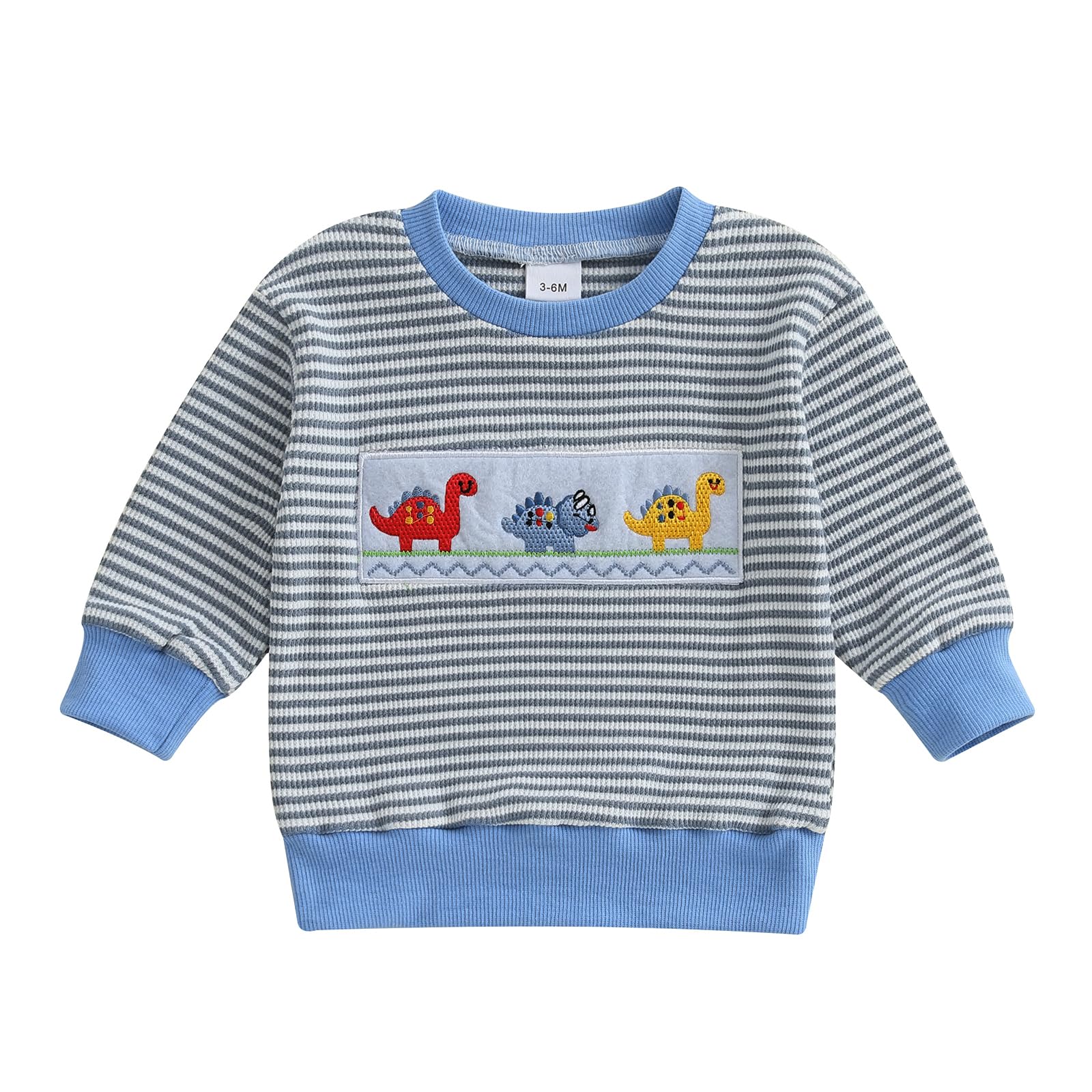 Toddler Baby Boys Clothes Car/Dinosaur Embroidered Sweatshirt Strip Knit Pullover Tops Cute Fall Winter Sweater (Sky Blue, 6-12 Months)