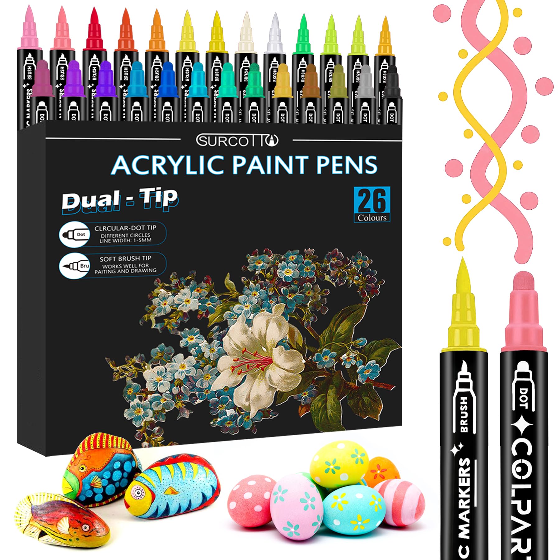 Acrylic Paint Pens, Dual Tip Acrylic Paint Markers, Waterproof, Non-Toxic, odorless, Suitable for Paper, Pottery, Stones, Backpacks, Glass, Eggs, Fabrics, Plastics, handicrafts - 26 Colours