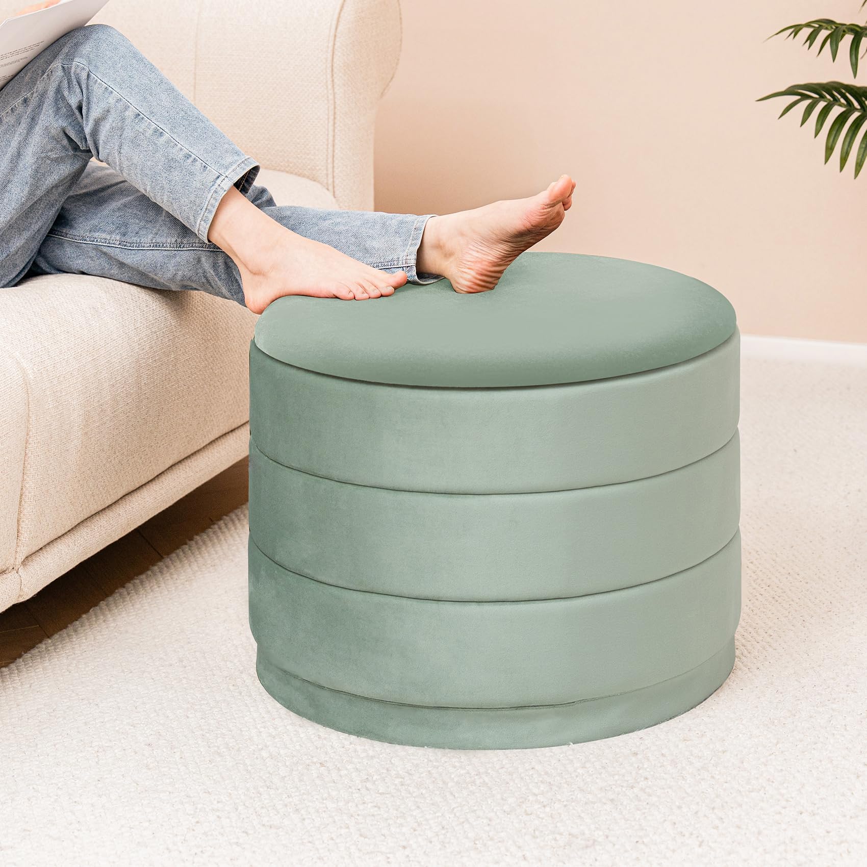 Bonlife Otomana Redonda con Tapa, reposapiés Plegable con Mesa, reposapiés, reposapiés para salón, Dormitorio, Pasillo, Terciopelo Color Salvia, 58 x 58 x 44 cm