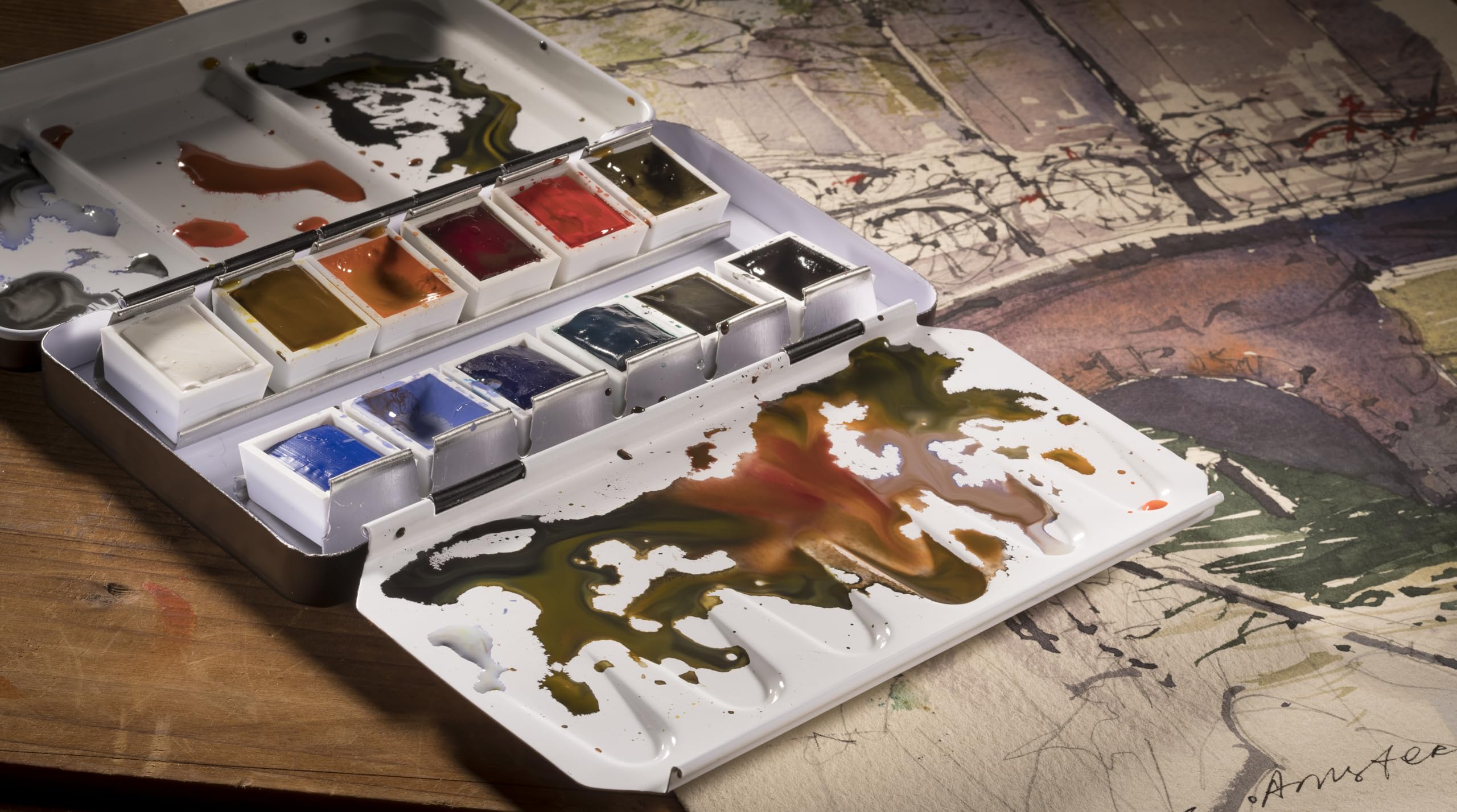 Rembrandt Set di acquerelli Professionali Scatola di Metallo di Lusso | Selezione Paesaggio Urbano | 12 Colori + Pennello