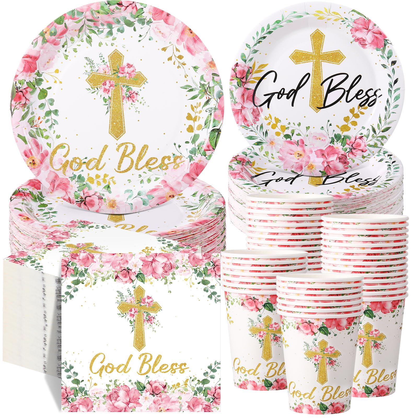 Pickmesh 250 Pcs Pink Baptism Cross Disposable Tableware Set Confirmation Baptism Disposable Paper Plates Napkins Cups for First Holy Communion Christening Baby Shower Girl Religious Supplies Serve 50