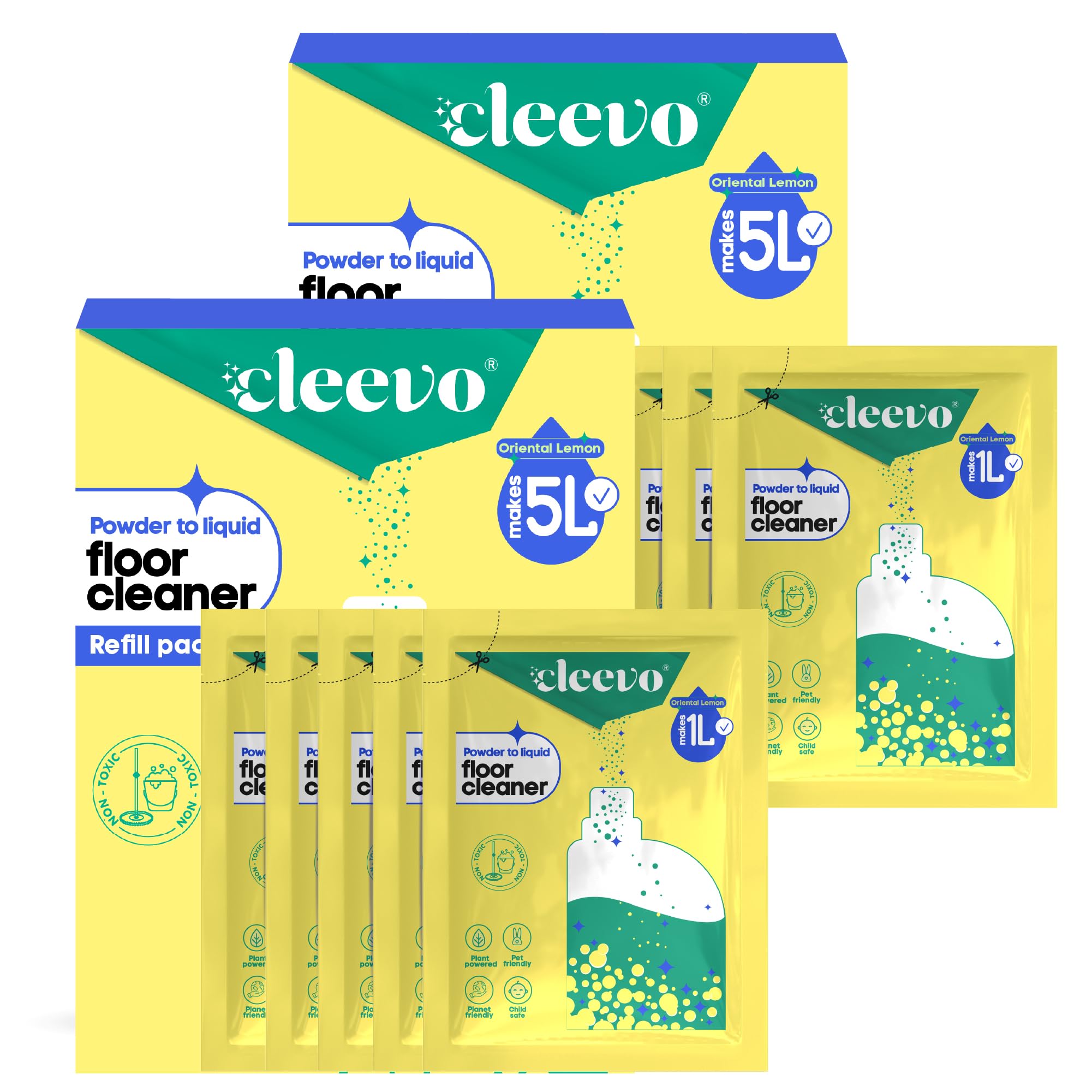 Cleevo Natural Disinfectant Floor Cleaning Liquid (10L Refill Pack) | Eco-Friendly, Non-Toxic & Pet-Friendly, Disinfectant Floor Cleaners | Powder to Liquid Surface Cleaner | (Zesty Lemon)