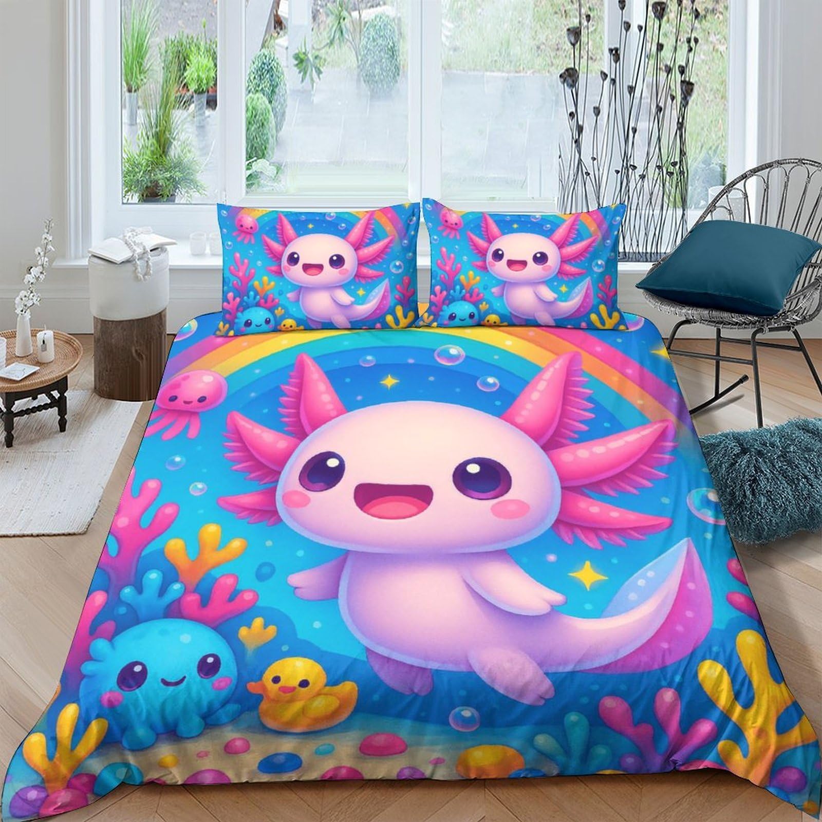 Ctjqhvkz Style-5 3D Printed Cute Axolotl Fitted Sheet Microfiber Pink Blue Cartoon Underwater Mattress Cover For Bedroom Dorm Easy Care Single（135X200cm）