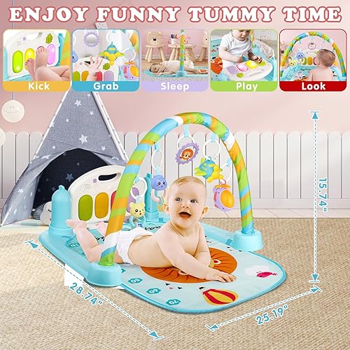 Miniatura 2 de BoterLun Baby Kick Piano Gym Gym Centro de actividades para bebés Lay & Play 3 en 1 Fitness Music and Lights Fun Piano Girl Boy (azul)
