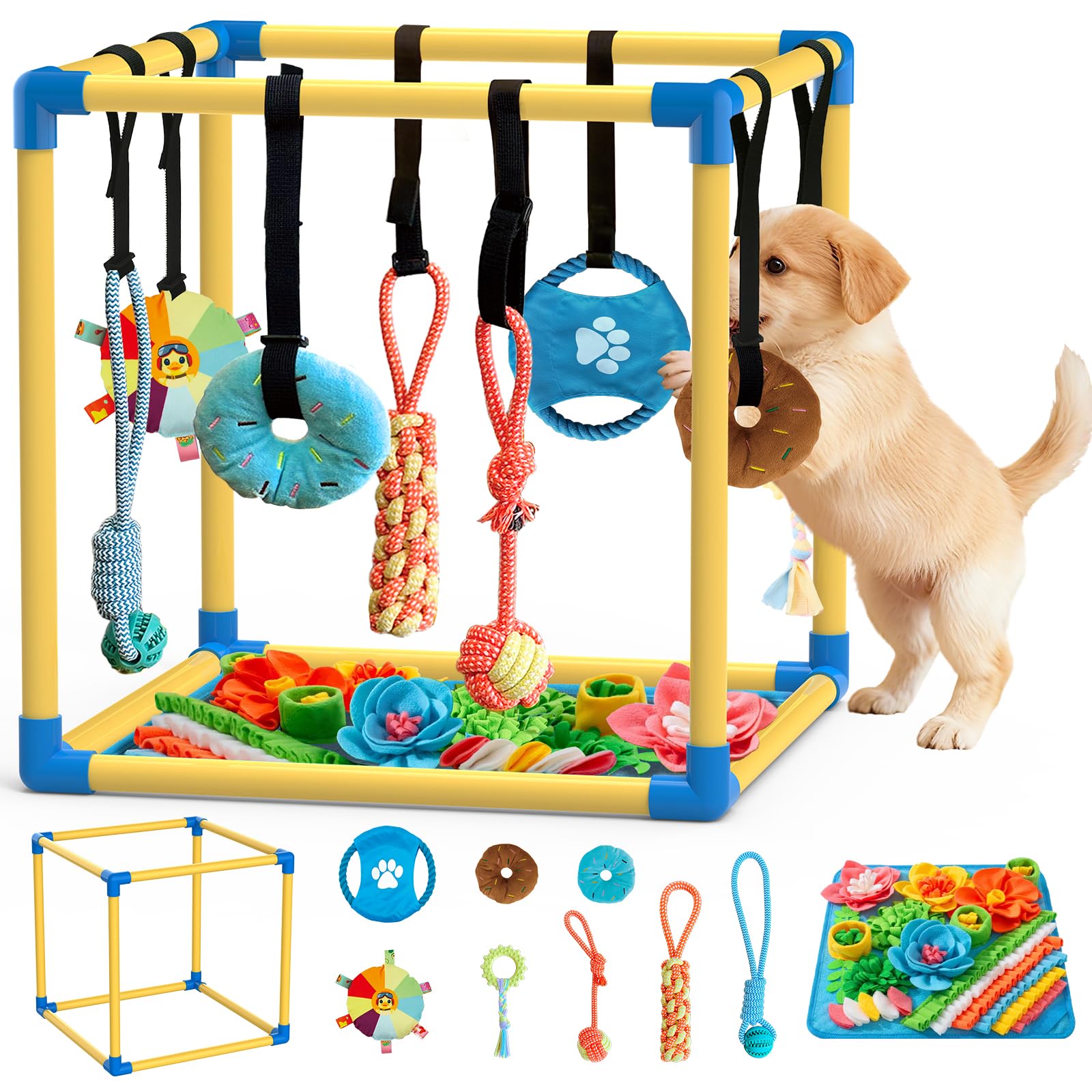 Puppy Play Gym with Snuffle Mat & 8 Hanging Toys Indoor Play Gym Interactive Dog Toys for Boredom Enrichment Activity for Small Dog PVC Frame Stretchy Rope with Velcro (19.6 x 19.6 x 19.6 inch)