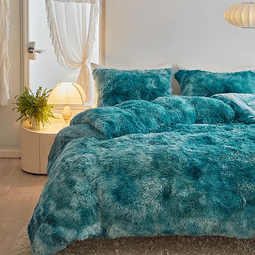 Miniatura 8 de Wajade Juego de edredón de felpa de pelo sintético teñido anudado negro, juego de ropa de cama mullido y peludo, juego de edredón de microfibra