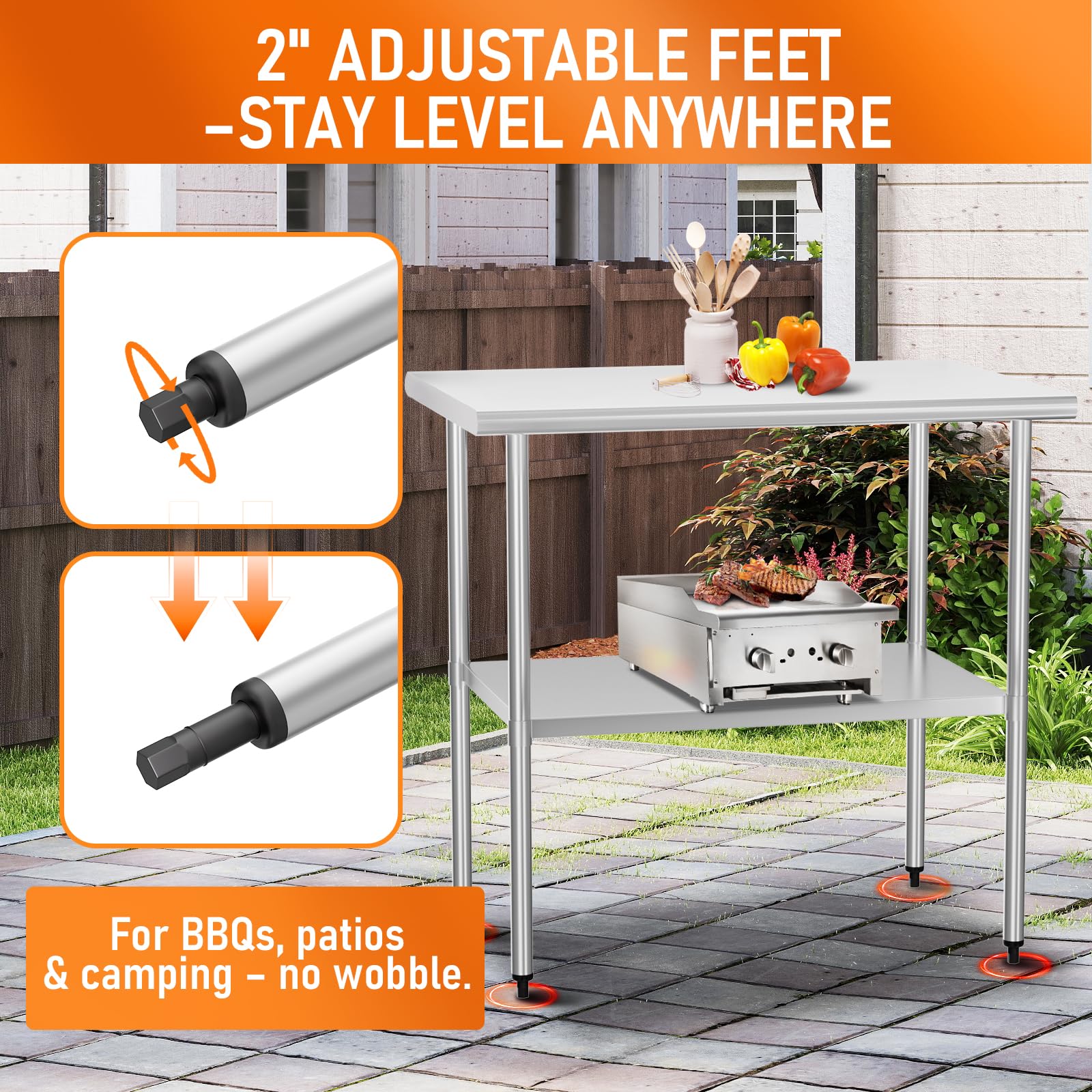 Mesa de acero inoxidable para preparación de alimentos y trabajo, mesa de utilidad de 24 x 36 pulgadas con estante inferior ajustable, estación de trabajo comercial en cocina, garaje