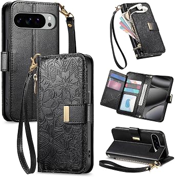 for Google Pixel 10/10 Pro & Pixel 9/9Pro Phone Case Wallet, Black | Built-in Card Holder 8-10 Cards, Zipper Pocket, Wrist Strap, Stand Kickstand, Flower PU Leather Protective Phone Case Women