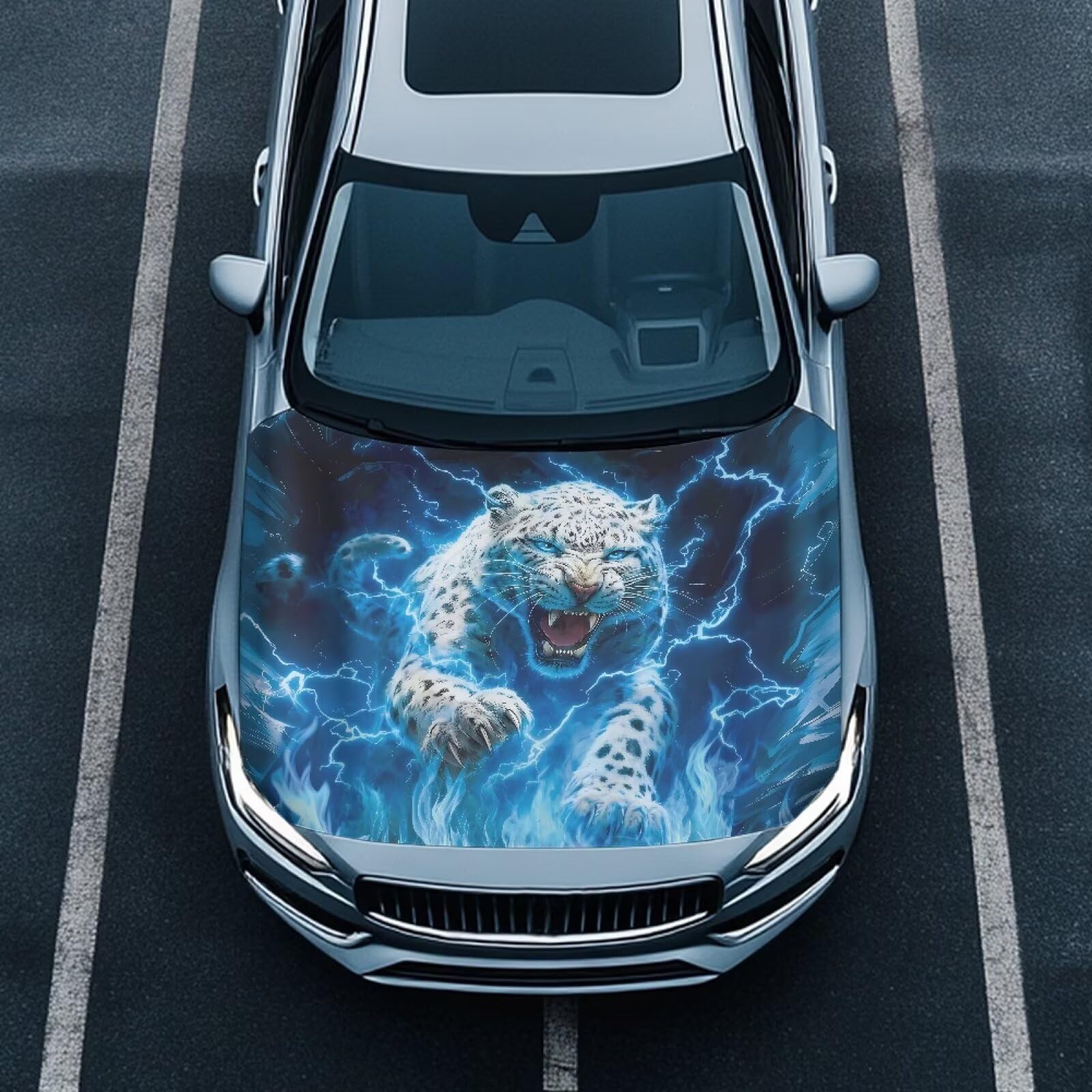 Car Hood Cover Protector, A Washable Automotive Accessory with White Tiger Print Design for Car Front Hoods, Measuring 59x51 Inches