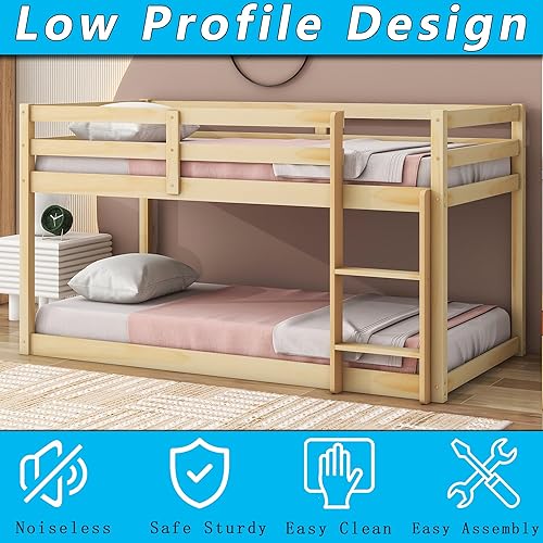 Miniatura 30 de Anwick Litera baja de tamaño individual sobre individual con escaleras y rieles, marco de literas de madera con barandilla de seguridad y listones