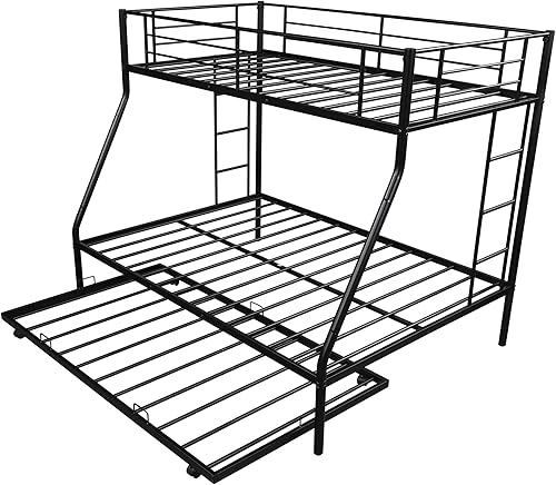 Miniatura 5 de Literas de metal para cama individual sobre tamaño matrimonial con 2 escaleras y cama nido para niños adolescentes adultos negro