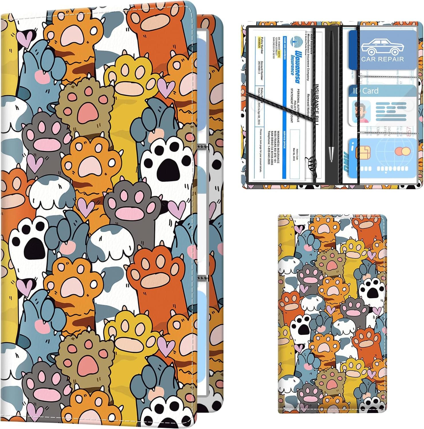 Leather Car Registration and Insurance Holder, Premium Vehicle Glove Box Car Organizer with Magnetic Shut, Cute Interior Car Accessories Cute Colorful Cat Paws