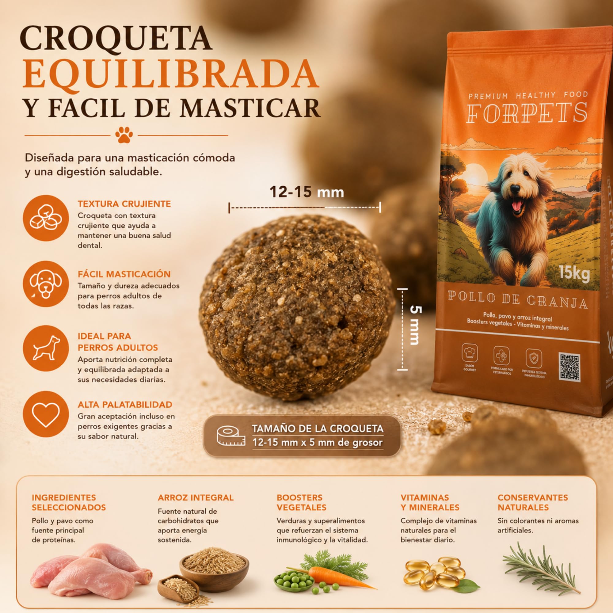 Pienso para Perros Adultos con Pollo y Pavo 15 kg | Digestión Sensible con Arroz Integral y Prebióticos | Sin Gluten, Alto en Proteína | Razas Medianas y Grandes | FORPETS