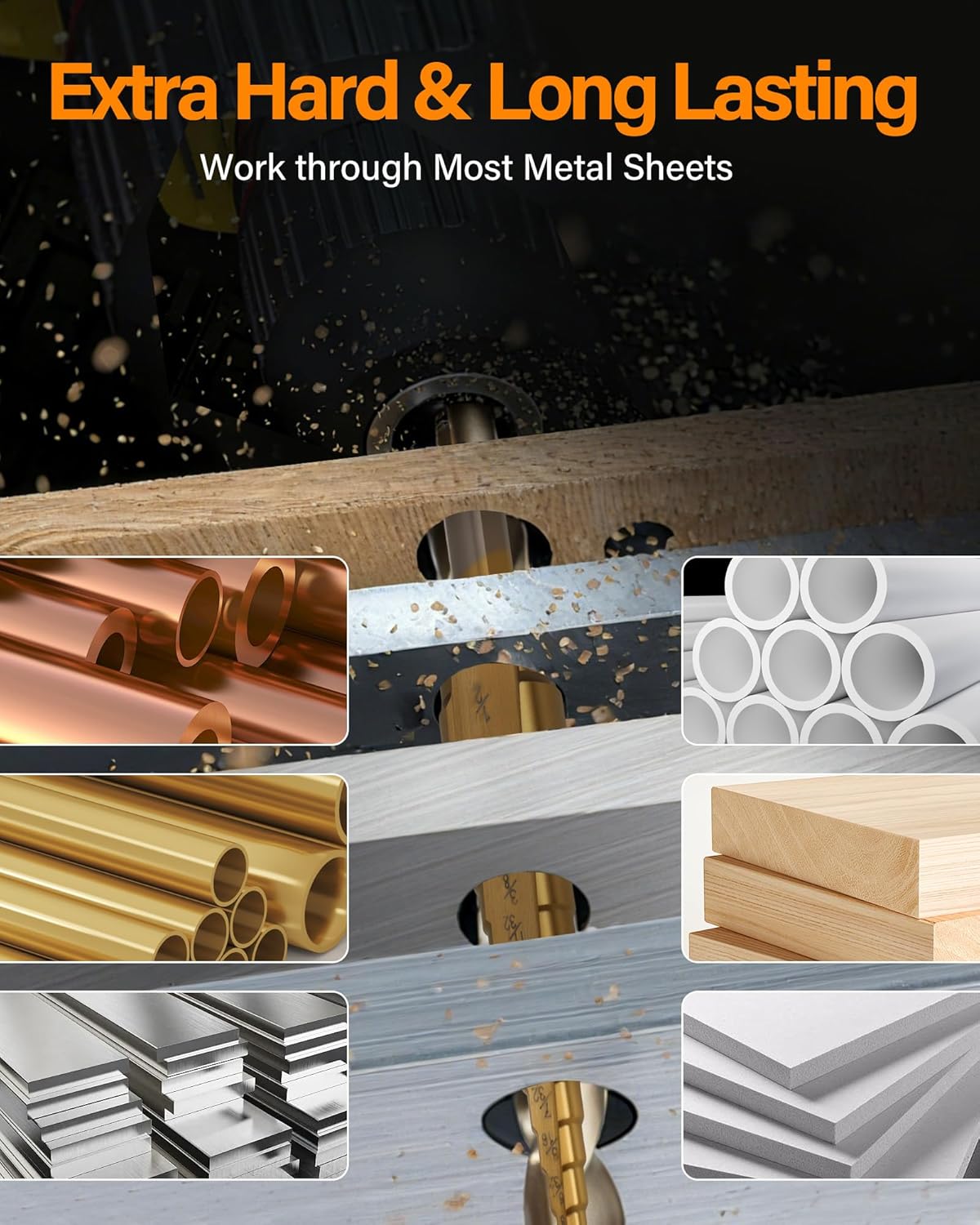 Step Drill Bit Set, 6Pcs HSS Titanium Step Bits with Automatic Center Punch, 50 Sizes Step Drill Bit for Metal, Wood with Aluminum Case