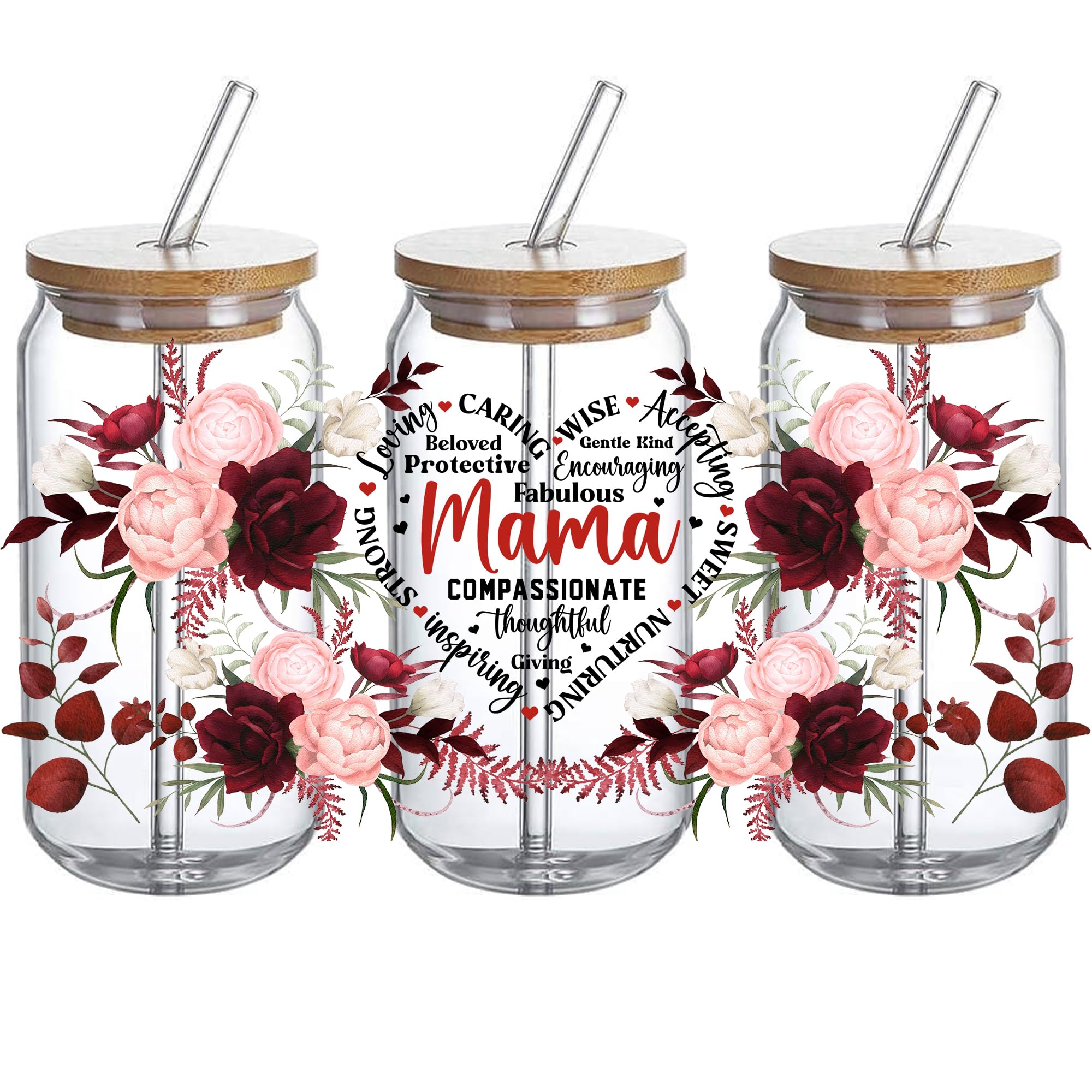 UV DTF Glass Cup Wrap Transfer - Mama Loving Beloved Caring Wise Sweet Giving UVDTF, Waterproof Decal for 16oz Glass Cups, DIY Crafts Gifts for Mother -3PCS