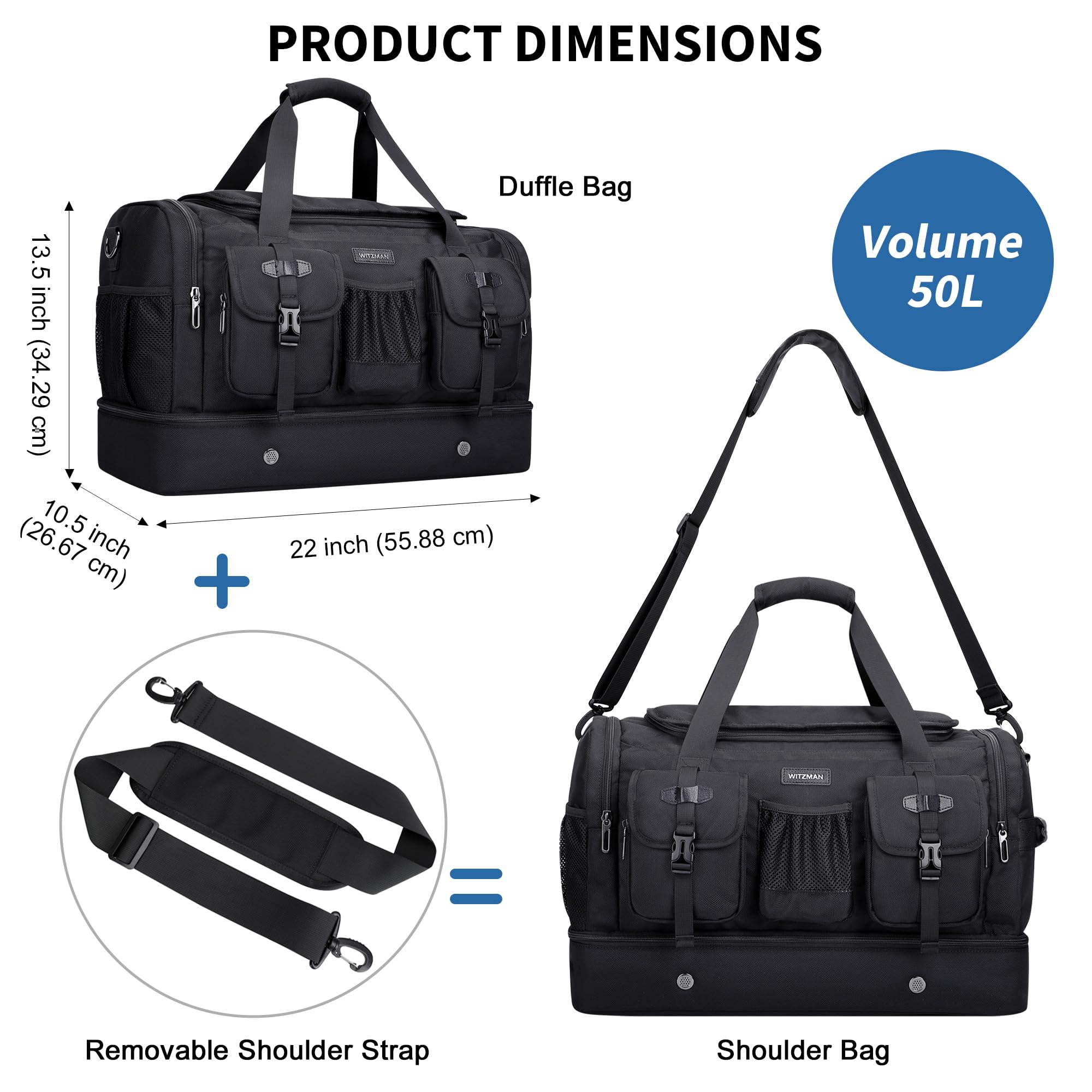WITZMAN Reisetasche Herren 50L Weekender Gym Sporttasche mit Schuhfach | Nylon, Mehrere Taschen mit Nassfach, Konvertierbar, Große, Handgepäck Flugzeug, Für Reisen, Sport, Sauna, B723 Schwarz