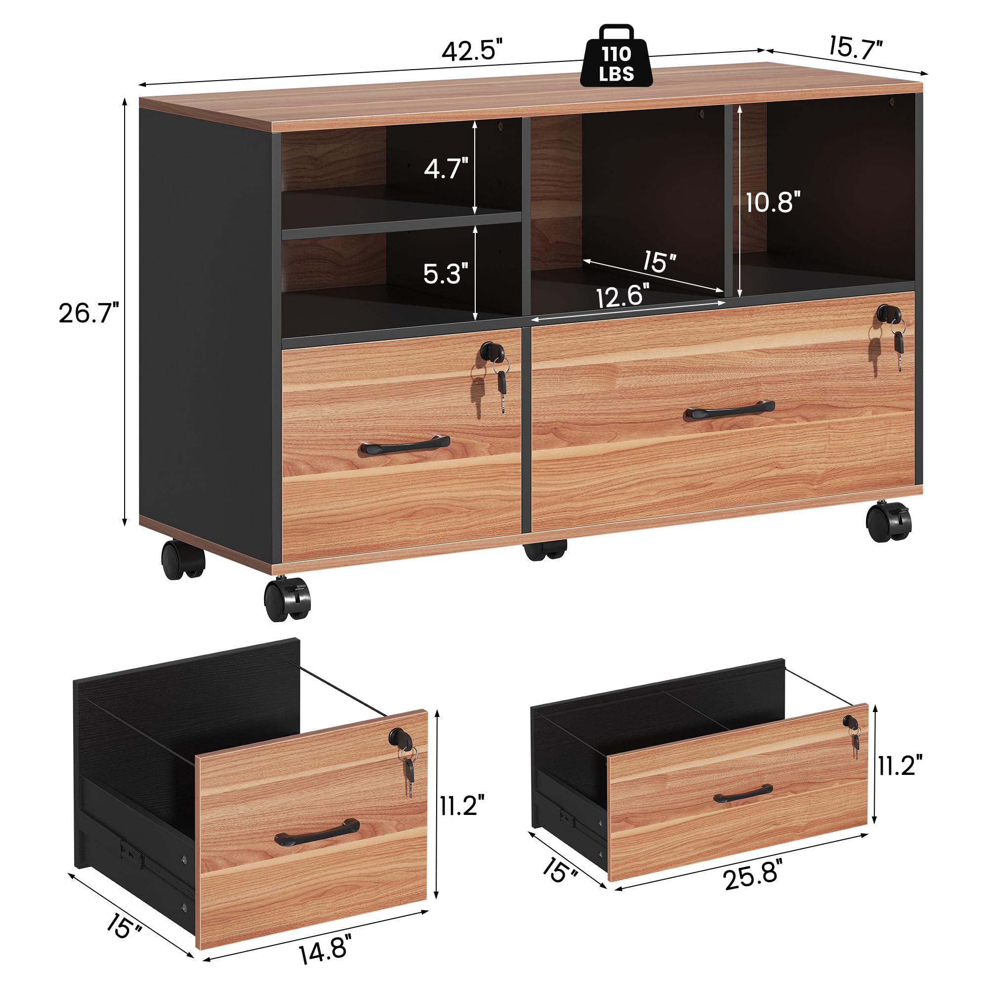 Nosepen 2 Drawer Wood Mobile Large Lateral File Cabinet with Lock, Lockable Rolling Filing Cabinet with Storage Shelves, Printer Stand Office Storage Cabinet for Home Office Fits Files Legal/A4