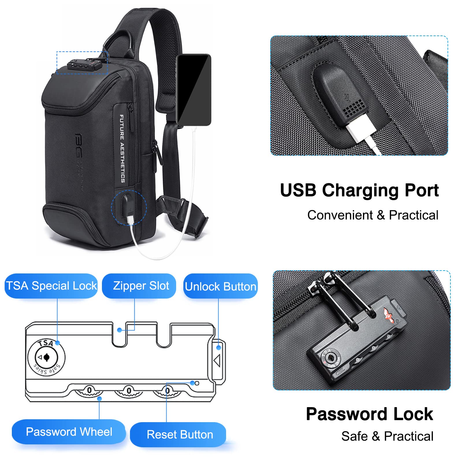 FANDARE antykradzieżowa torba na klatkę piersiową, torba na ramię, torba na ramię, torba na ramię z USB męska torba na ramię do podróży, na piesze wycieczki, jogging Daypacks, wodoodporna poliester