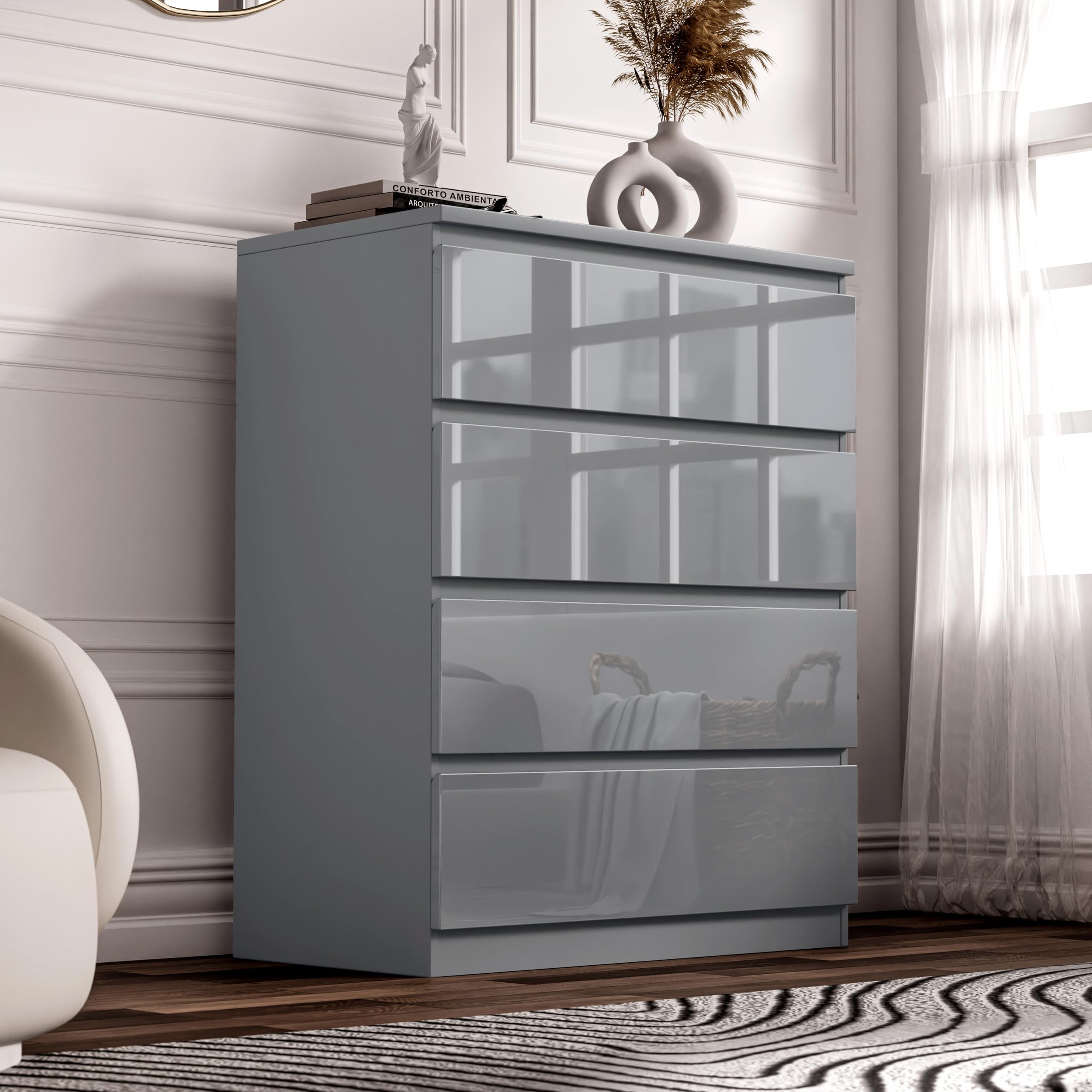 Blisswood High Gloss Chest of Drawer, 4 Drawer Bedroom Chest of Drawer Bedside Table Cabinet for Bedroom Living room Furniture, Grey, 70W x 40D x 95.5H cm