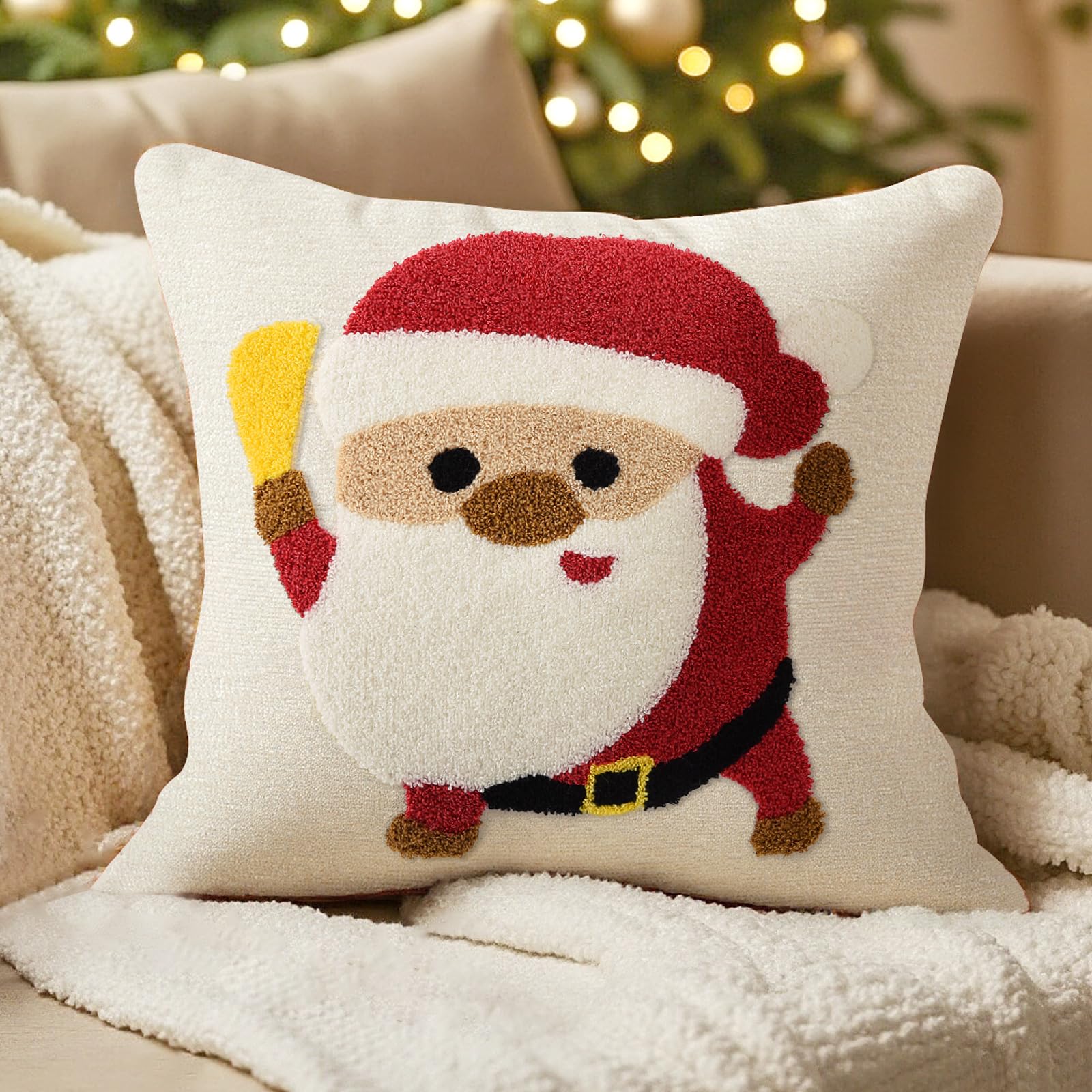 Lot De 4 Housses De Coussin Noël 45.7x45.7 Cm - Motif 3D Hiver - Blanc Et Doré - Déco Salon
