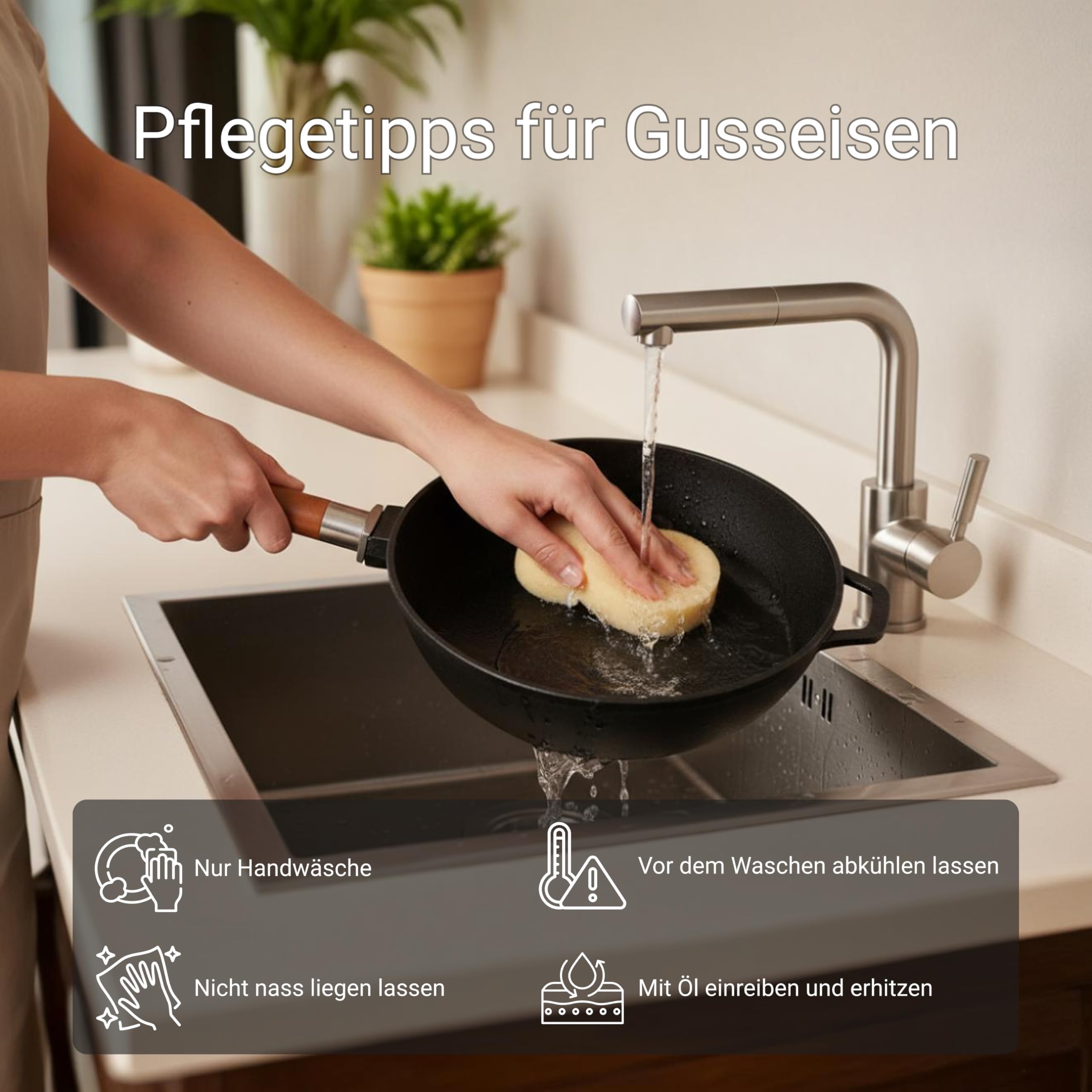 BIOL Sarten Hierro Fundido 28 cm - Sartén Antiadherente para Cocina Inducción, Mango de Madera Desmontable Ergonómico, sin Tapa, Apta para Gas, Vitrocerámica, Horno y Barbacoa, Cocina Saludable | Mango de madera desmontable, sin revestimiento, apto para h