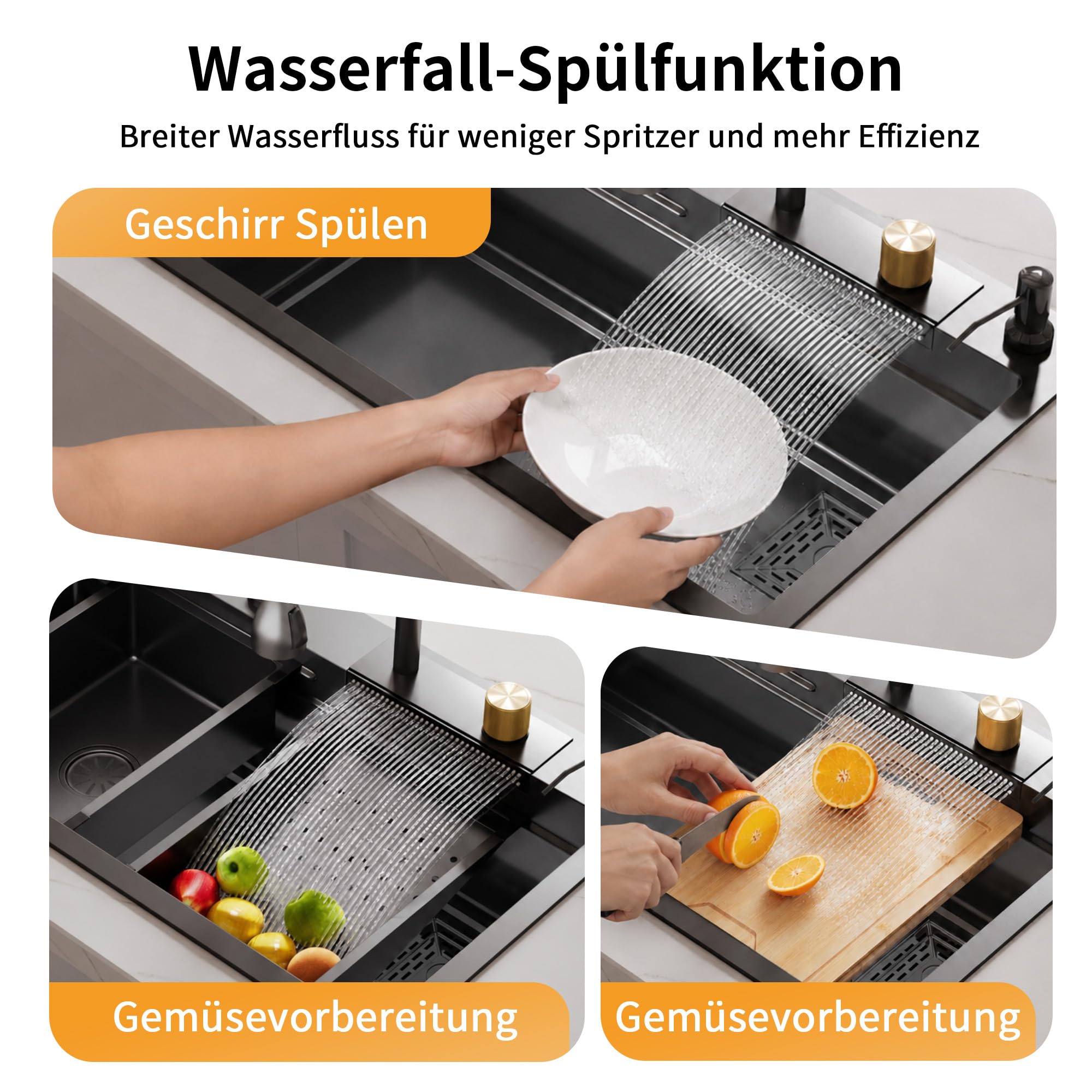 DeerValley Edelstahlspüle, Multifunktionsspüle aus Edelstahl 304 mit ausziehbarem Wasserhahn, Hochdruck-Glasreiniger, Wasserfall, Seifenspender und Arbeitsschiene für Küche - Dunkelgrau
