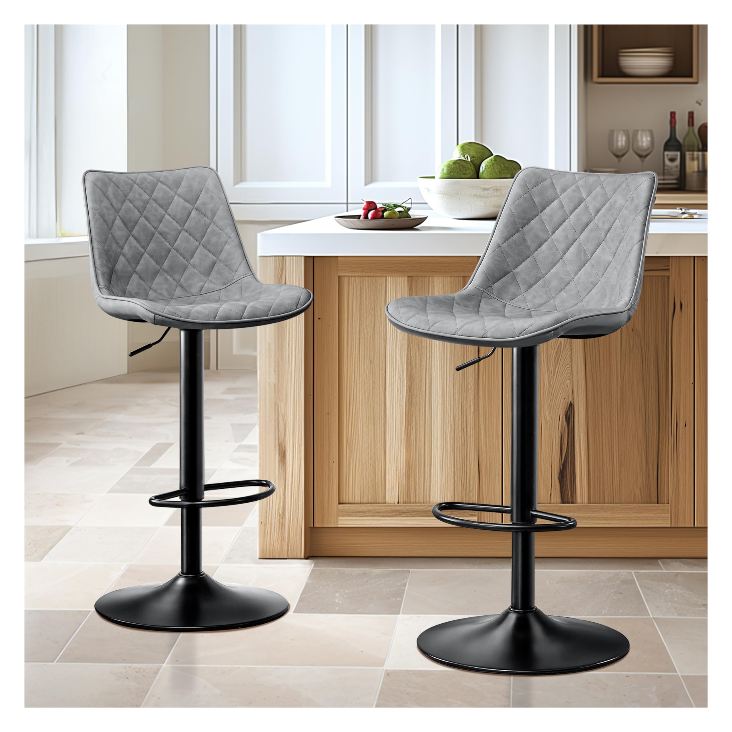 STOOLINK Lot de 2 Chaise Bar, Tabourets de Bar en Cuir Microfibre, Siège Bar avec Repose-Pieds, Tabouret Bar Réglable en Hauteur, Tabouret Comptoir Convient pour Bar, Cuisine-Gris