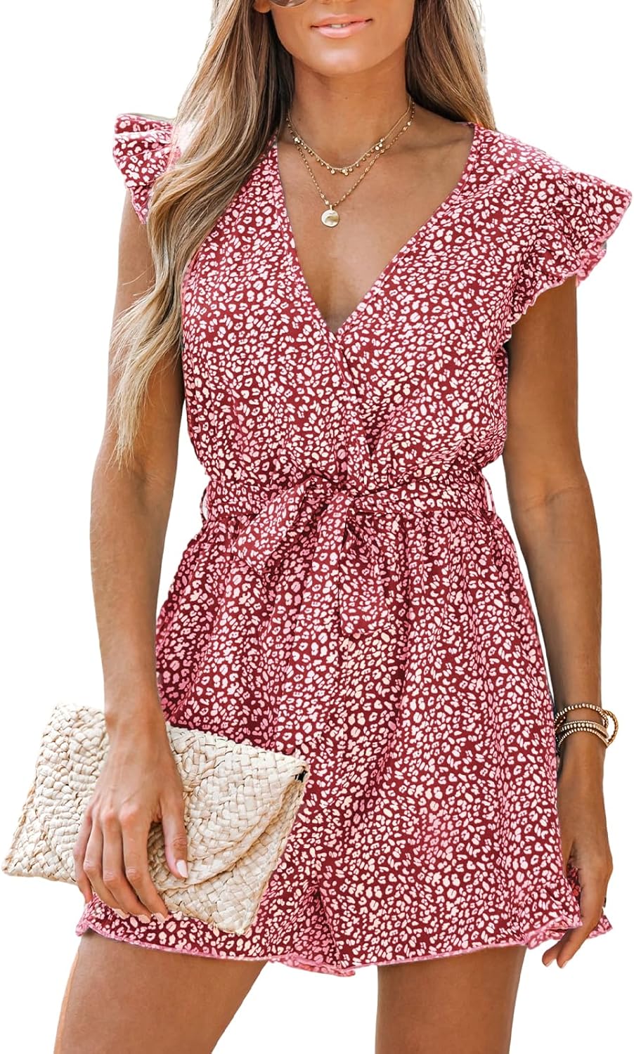 CUPSHE Women's V Neck Floral Print Belted Elastic Waist Romper Ruffled Cap Sleeves Mini Jumpsuit