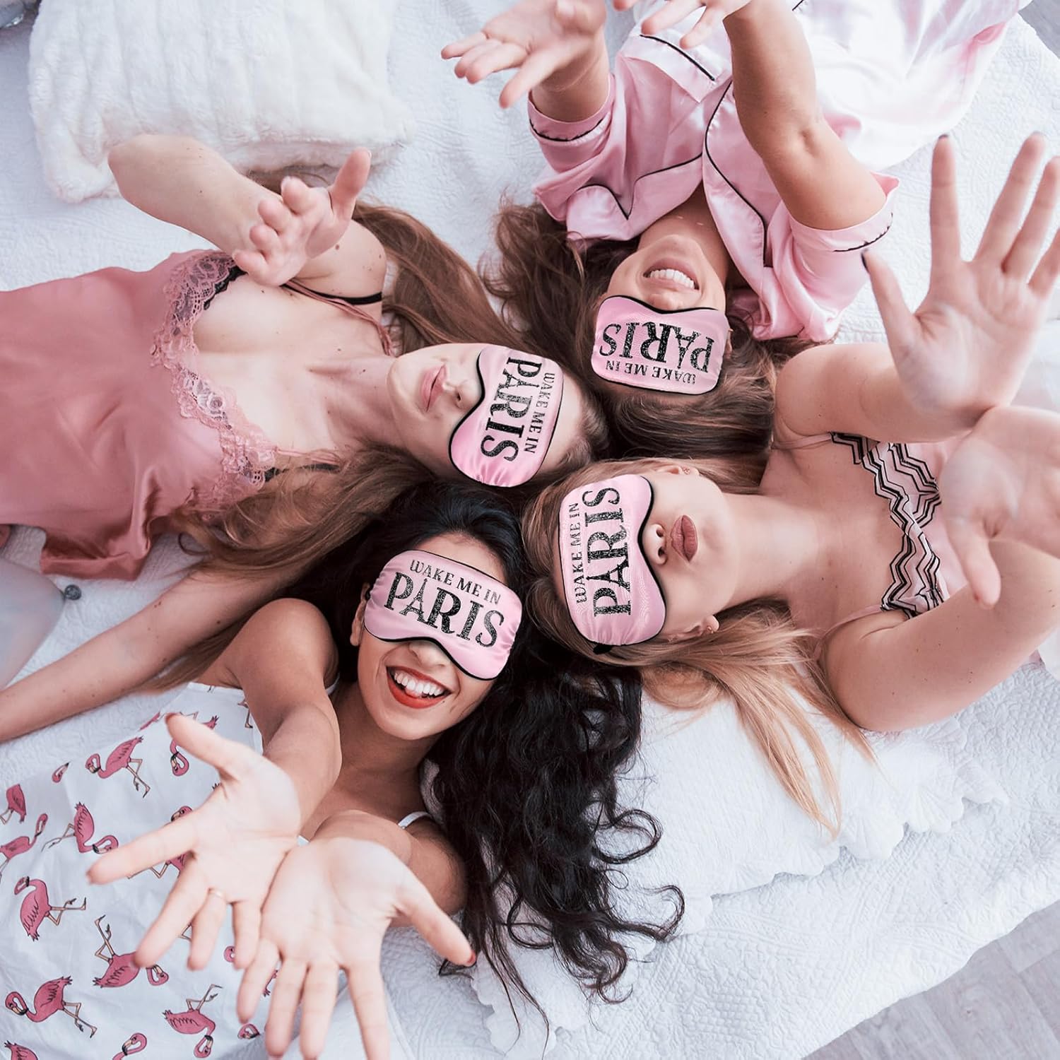 Shyyween 12 Pcs Paris Party Favors Paris Souvenirs Gifts for Women Bride Sleep Masks Silk Eye Mask for Women Wake Me Pink Satin Blindfold for French Bachelorette Traveler Birthday Wedding Sleepover