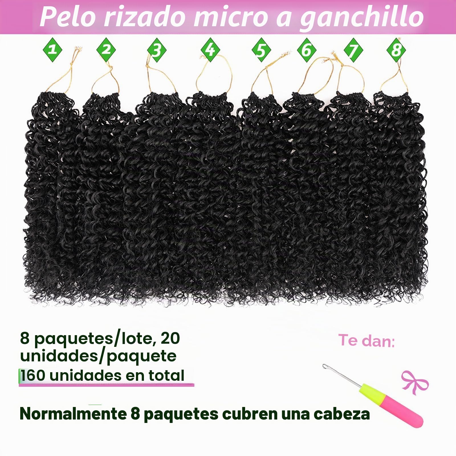 30,48 cm de cabello rizado micro pre-anillado para trenzado en mini pasión, 8 paquetes de cabello sintético rizado micro para mujeres negras (#1B)